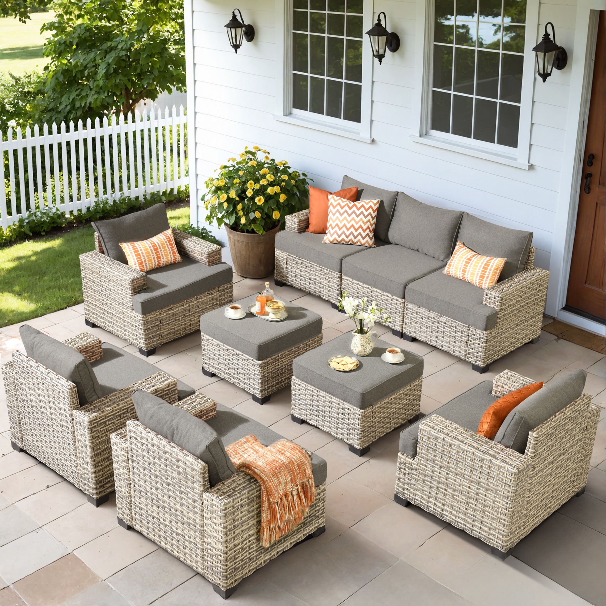 Ovios TS209 9 -Piece Rattan Patio Sofa Conversation Set with Dark Gray