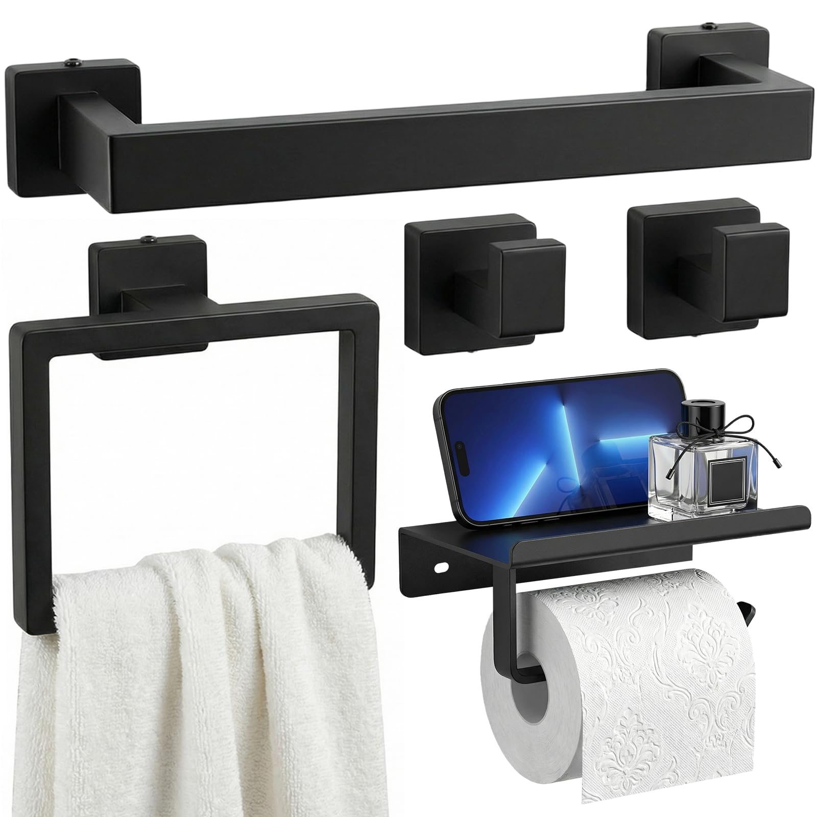 Afoxsos  5 Piece Matte Black Bathroom Hardware Set Stainless Steel Wall Mounted Includes 16 Inch Hand Towel Bar Toilet Paper Holder 3 Robe Towel