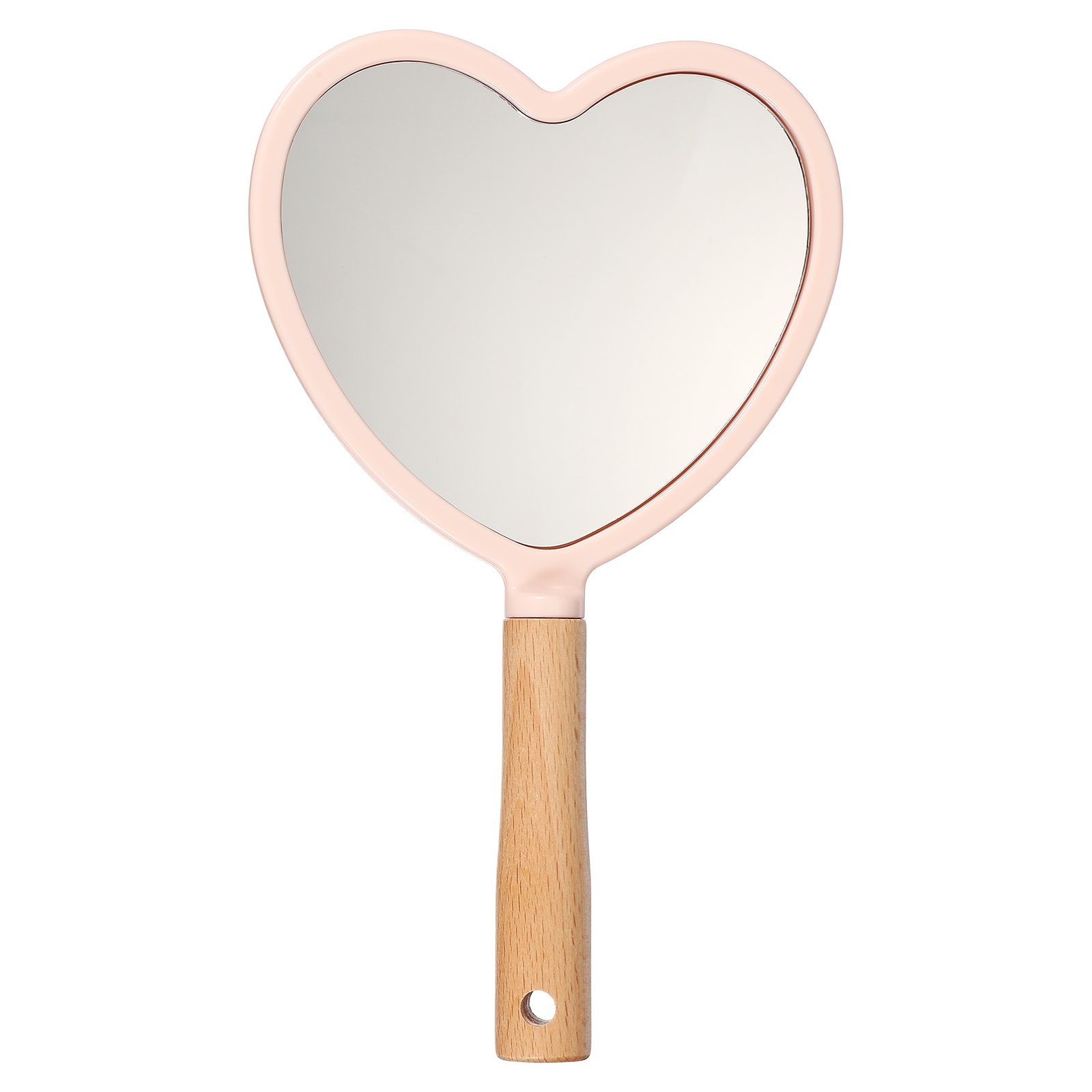 Unique Bargains 1pc Hand Held Mirror Wood Portable Hand Vanity Mirrors Single Side with Hook Hole for Bathroom Bedroom Travel and Makeup Use Pink(Heart) #S26042800UX3152