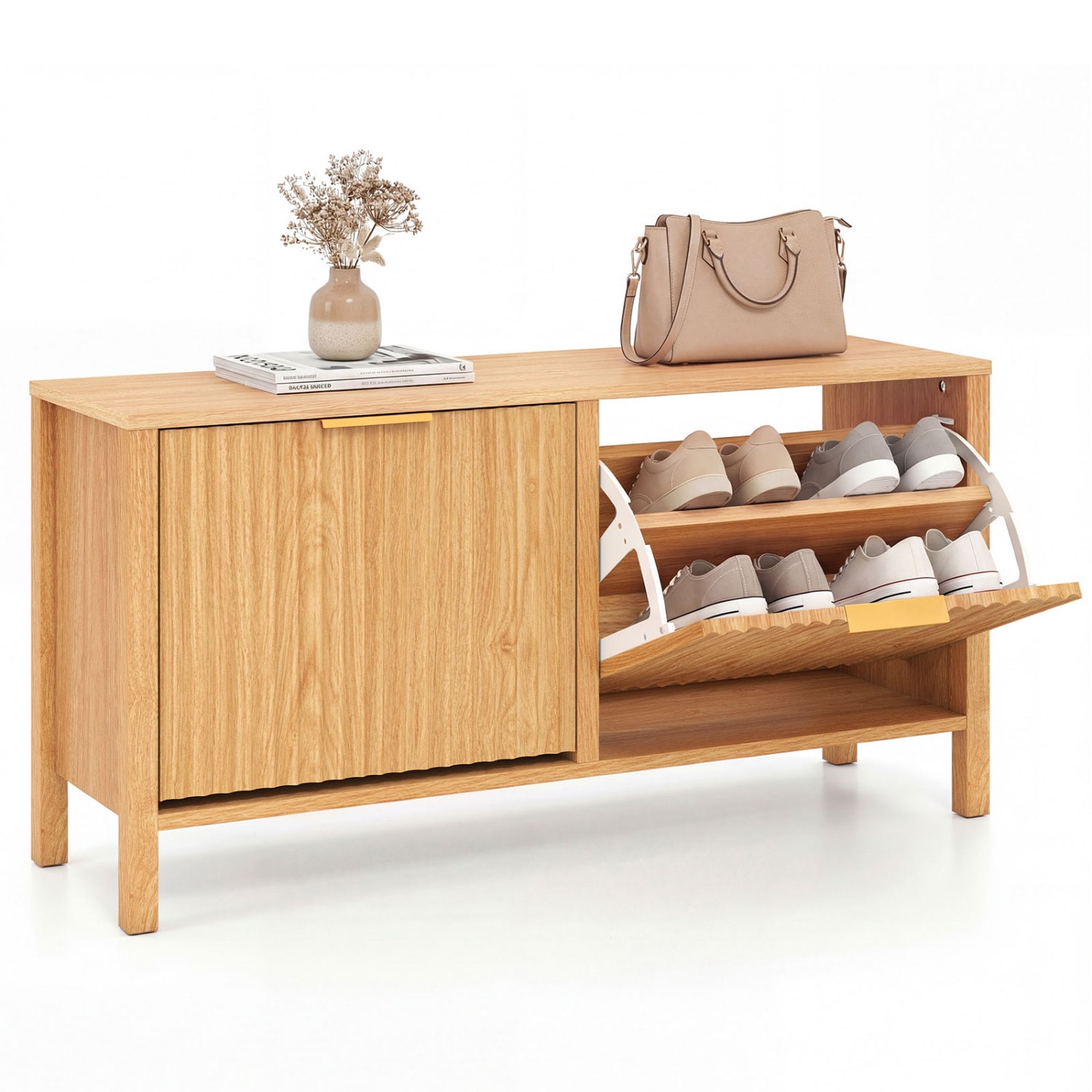 Volenca Narrow Shoe Storage Bench with 2 Flip Drawers Fluted Doors Adjustable Shelves 300-lb 39.5-in Wide