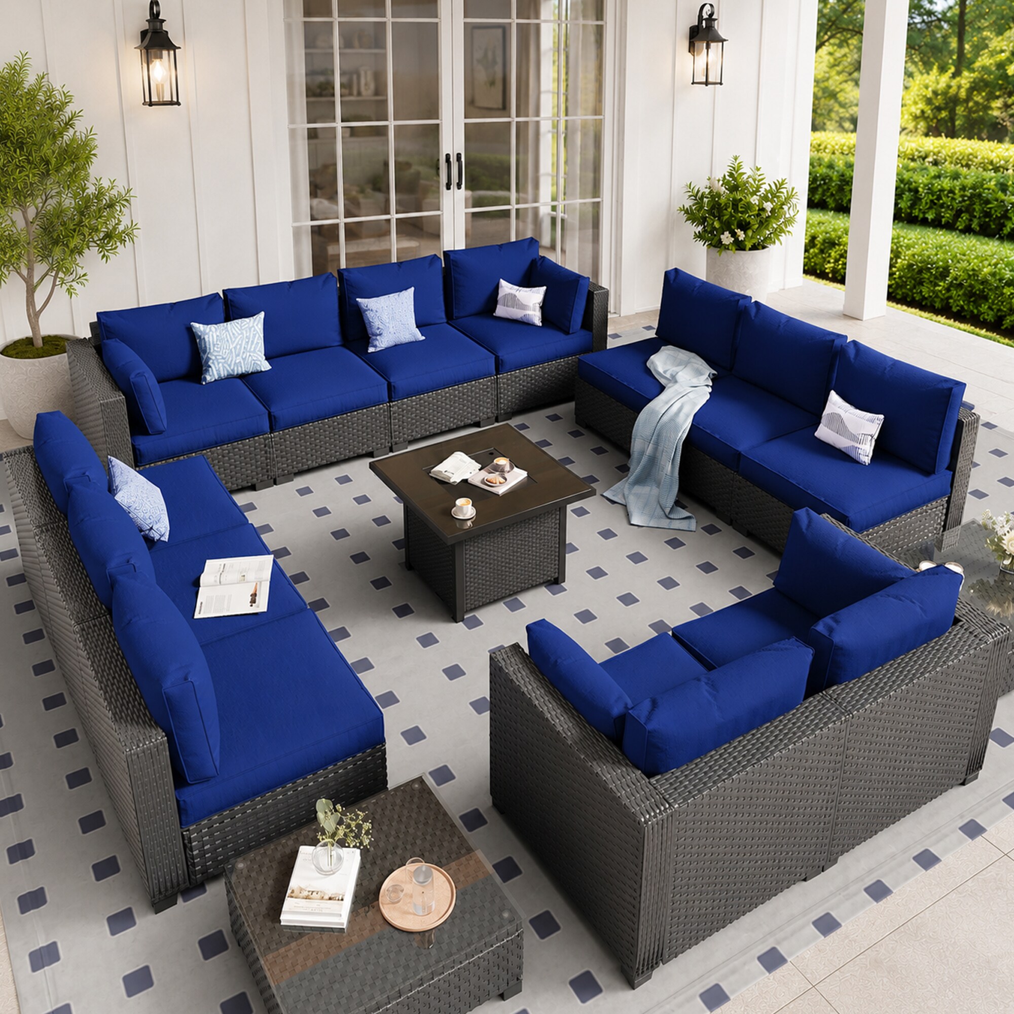 HYALON 14-Piece Wicker Outdoor Patio Conversation Sectional Seating Set with Coffee Tables and Navy Blue Cushions
