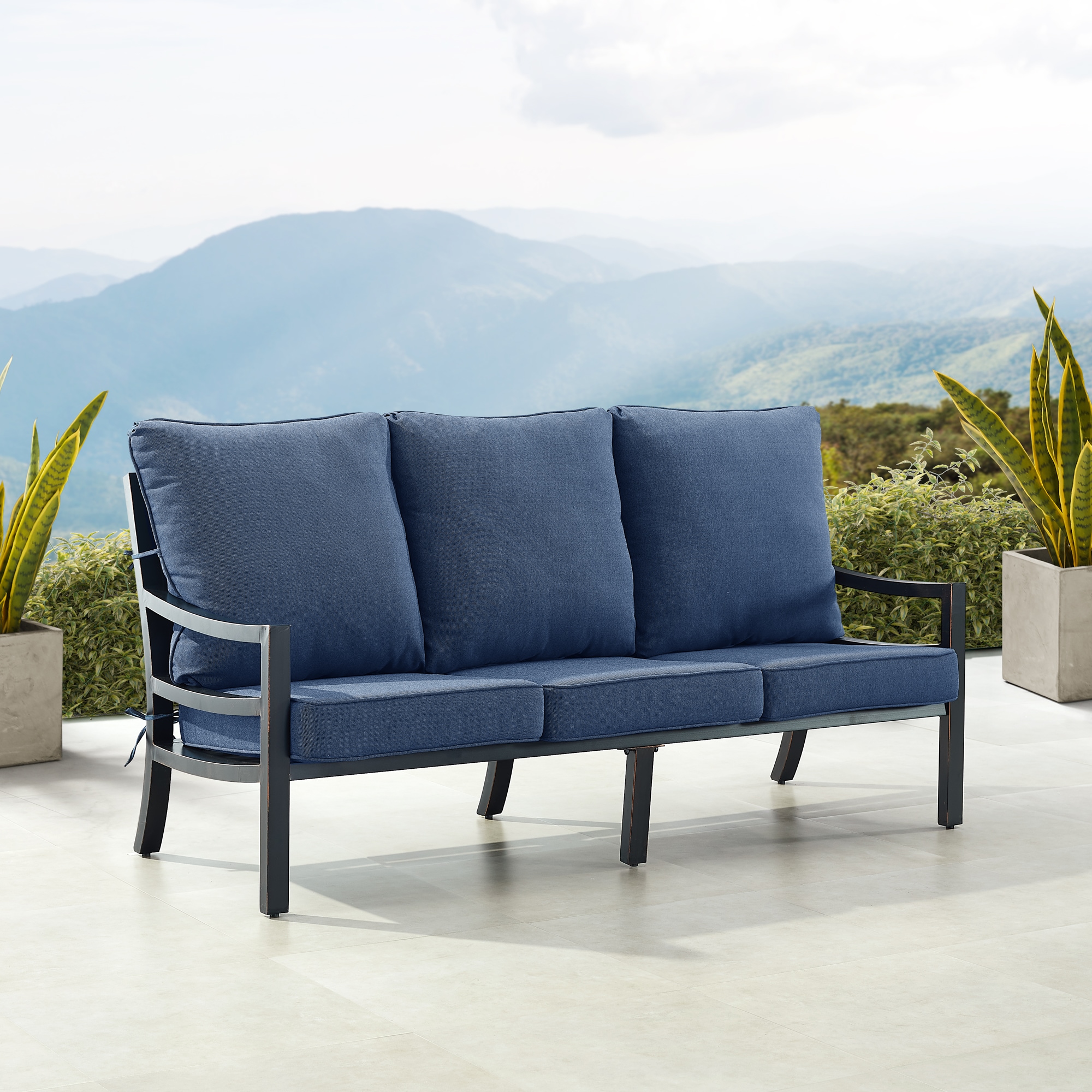 Oakland Living HUDSON-SF-BLCU-AC High Quality Luxury Outdoor Sofa with Blue Cushions and Aluminum Frame