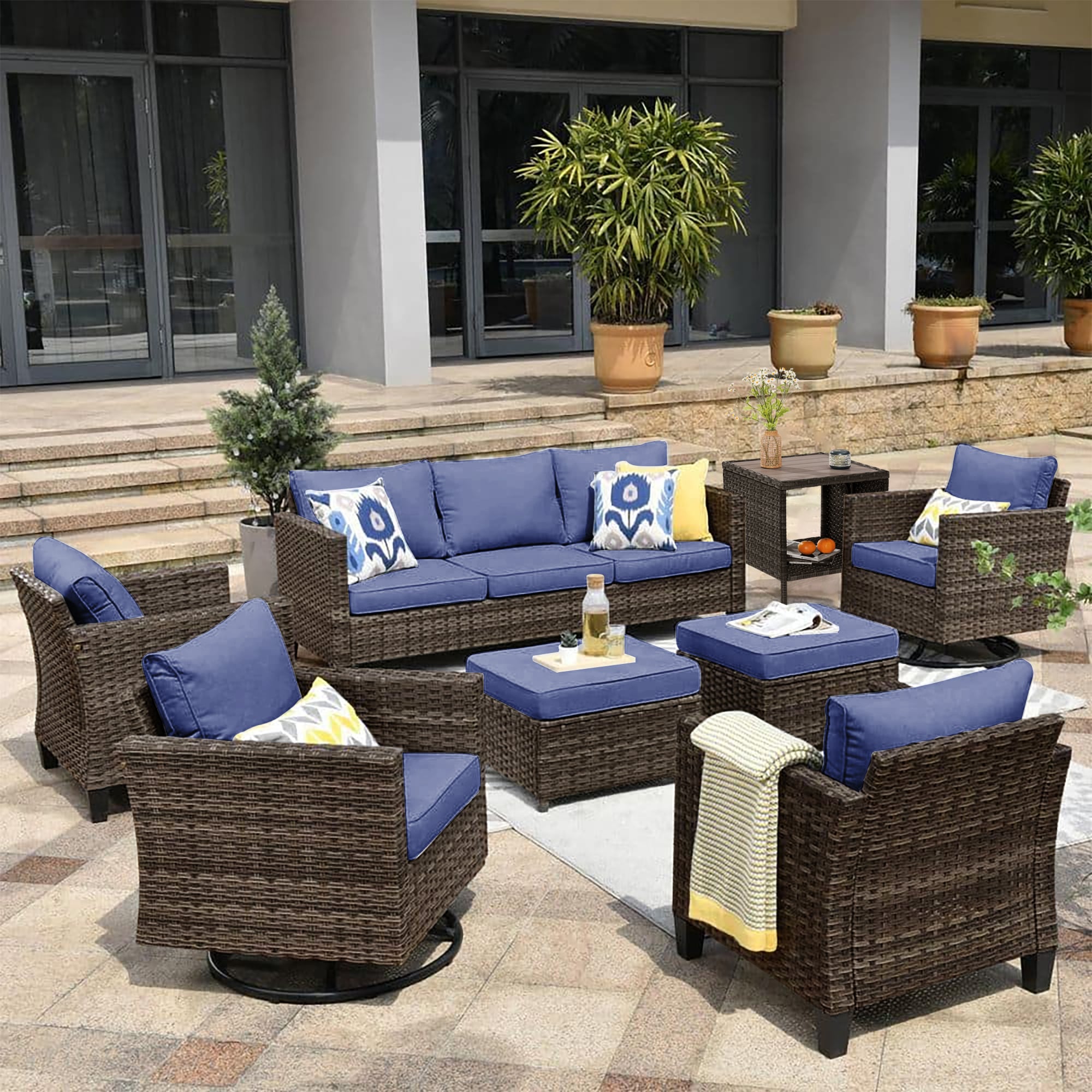 Sonkuki 8-Piece Rattan Patio Conversation Set with Blue Cushions in the ...