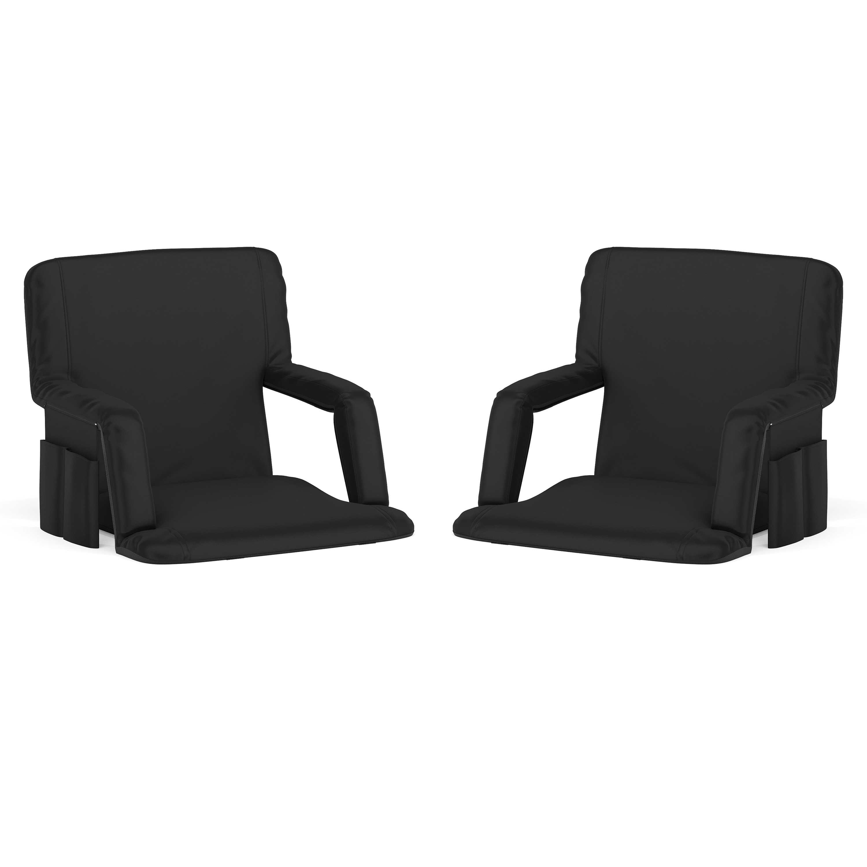 Flash Furniture 840196338330 Malta Set of 2 Black Portable Lightweight Reclining Stadium Chairs with Armrests; Padded Back and Seat - Storage Pockets and Backpack Straps