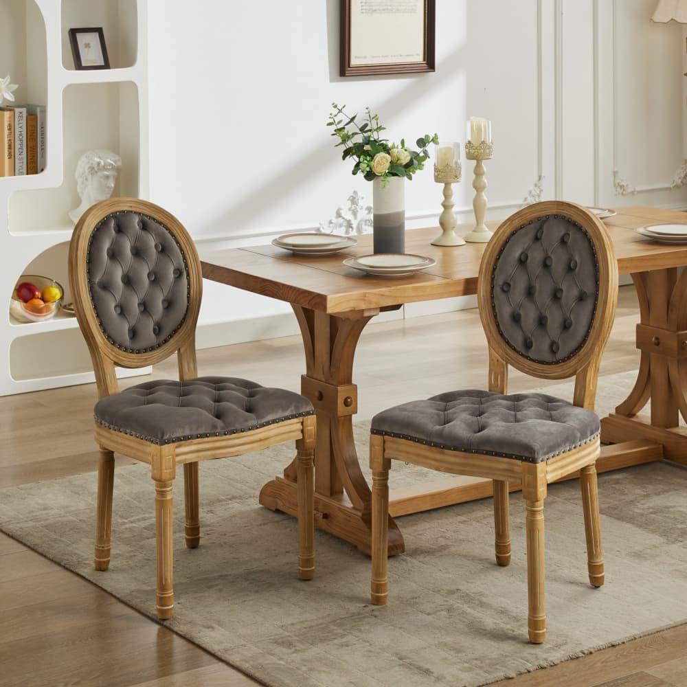 Maison Boucle MIRO-CHAIR-GRAY Set of 2 Gray Velvet Dining Chairs with Solid Wood Frame Tufted Back and Nailhead Trim for Kitchen