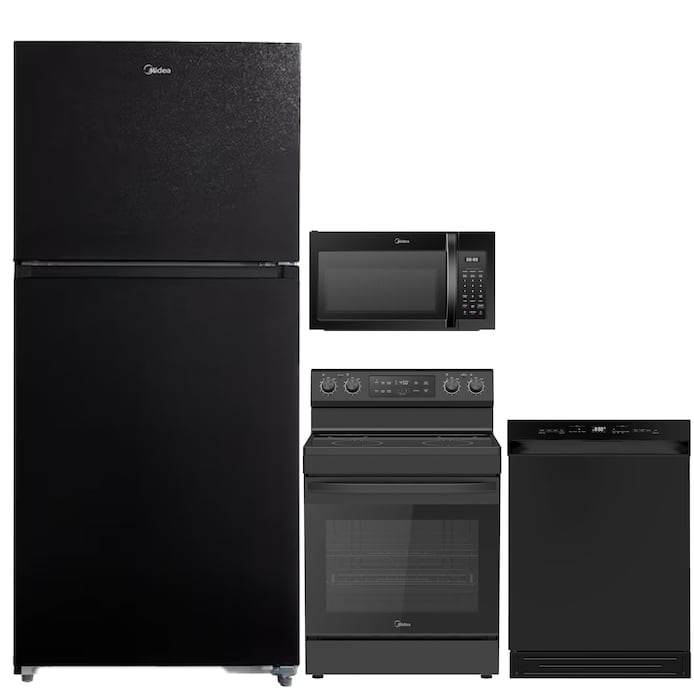 Midea  18.1-cu ft Top-Freezer Garage Ready Refrigerator with 30-in Electric Range and 24-in Built-in Dishwasher Kitchen Appliance Package in Black