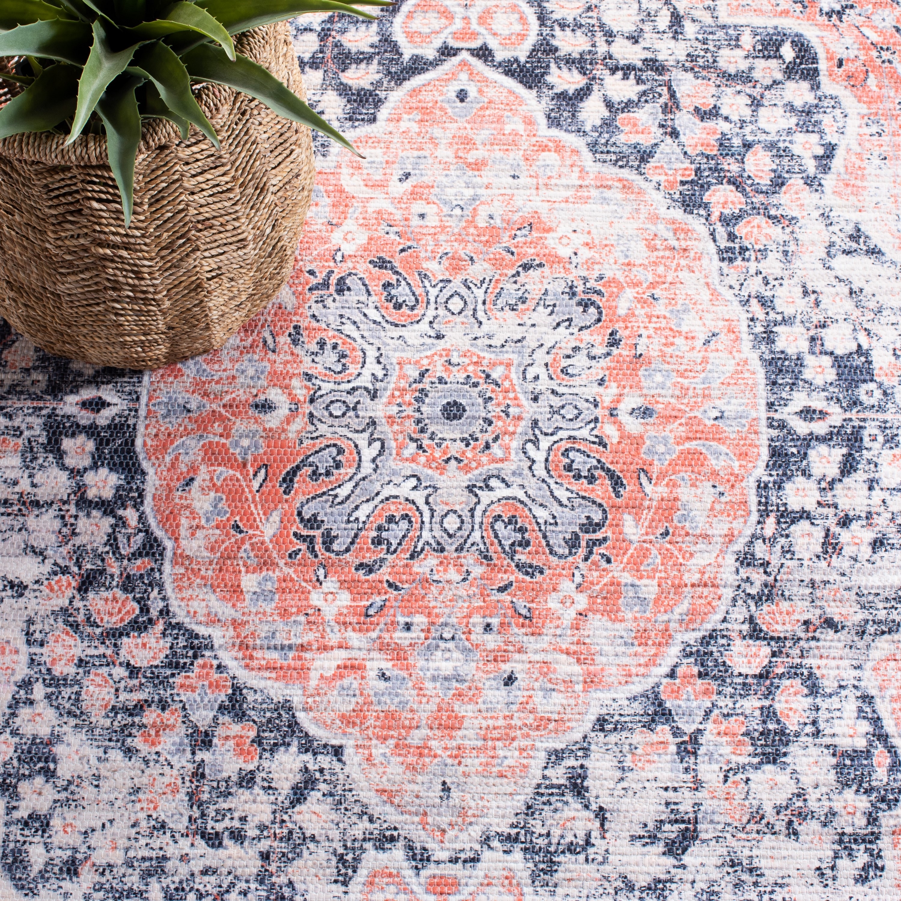 Ivory & Blue Distressed Oriental Cotton Blend 3x5 Rug
