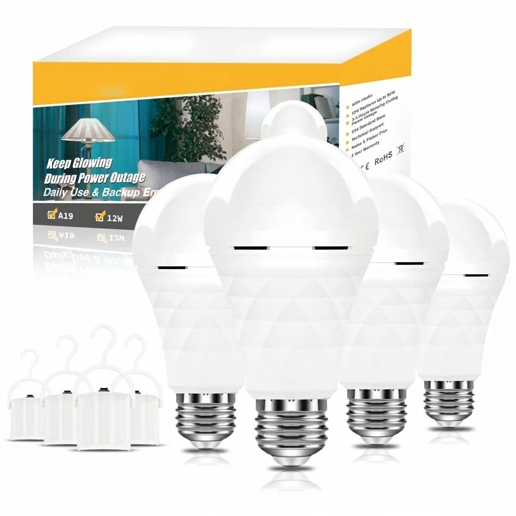 AOIZGMY   4 Pack A19 Rechargeable LED Light Bulbs Emergency Lighting for Power Outages 60 Watt Equivalent 5000K Daylight E26 E27 Socket