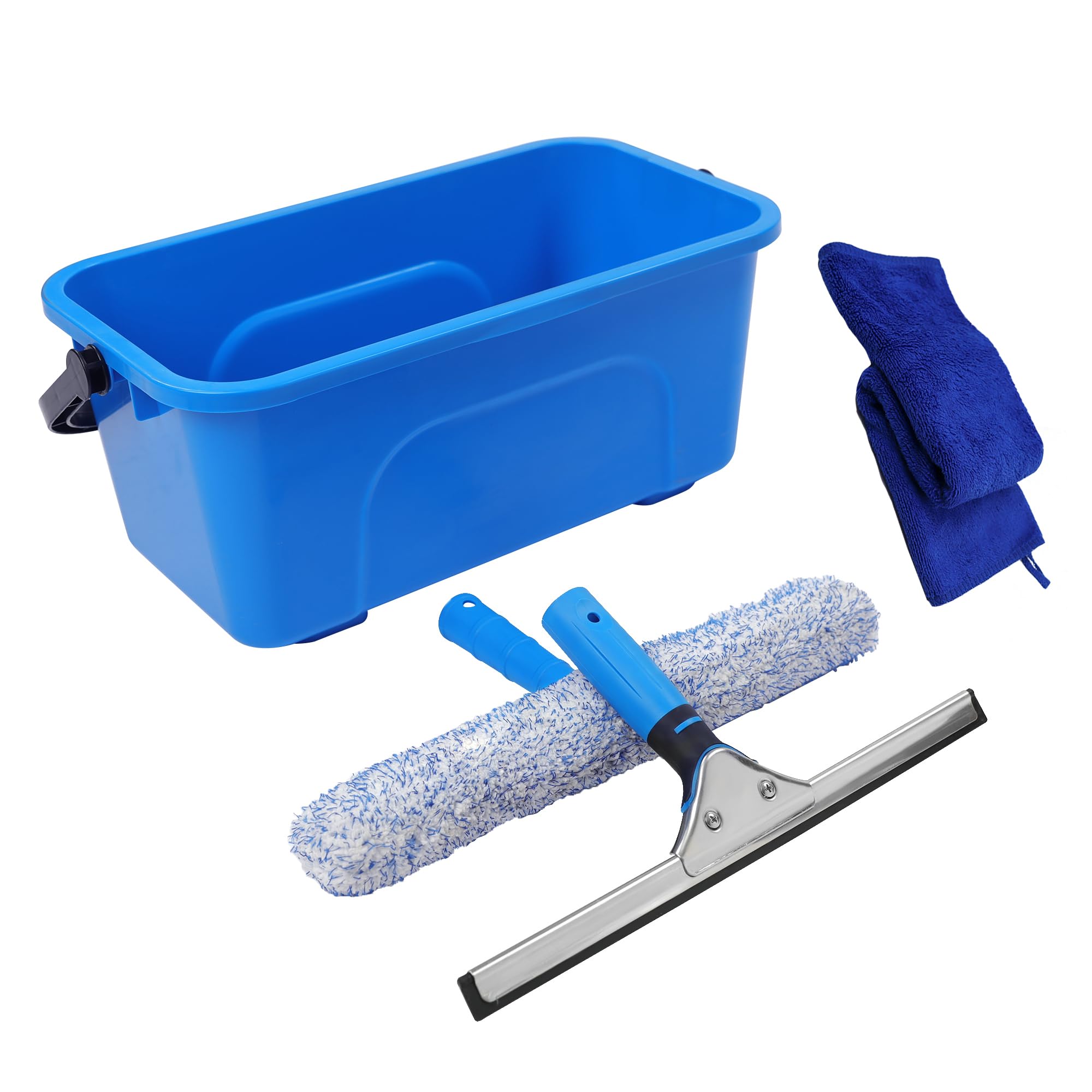 Ahfiwaso  Window Cleaning Squeegee Kit with Bucket and Microfiber Scrubber for Bathroom Shower Doors Mirrors Tiles and Car Windows Blue