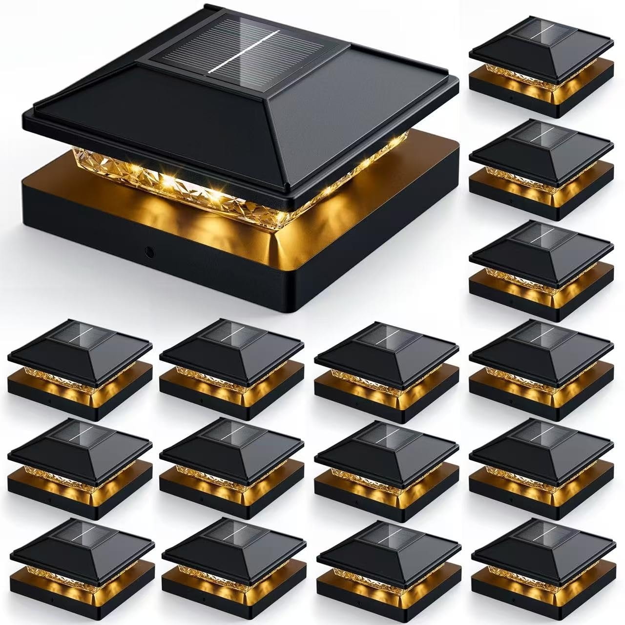 Lukvuzo  16 Pack Black Solar LED Post Cap Lights Waterproof Anti Rust Diamond Shade Fits 4x4 Deck Fence Porch Garden Patio Solar Powered