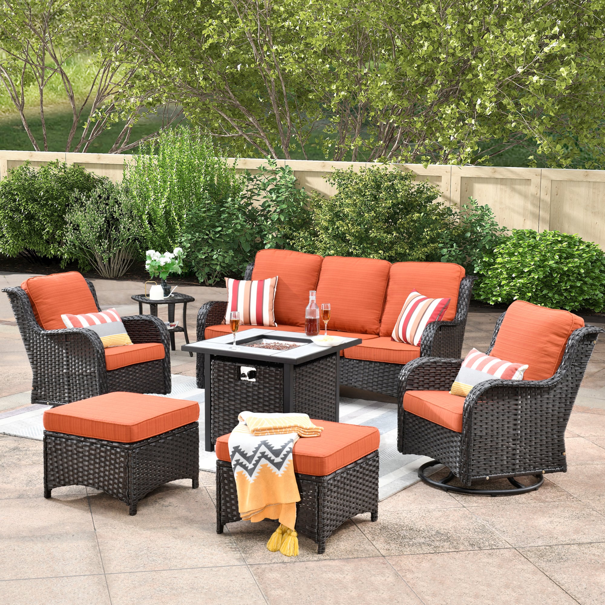 Pouuin 7 Piece Outdoor Rattan Patio Conversation set with Red cushions ...