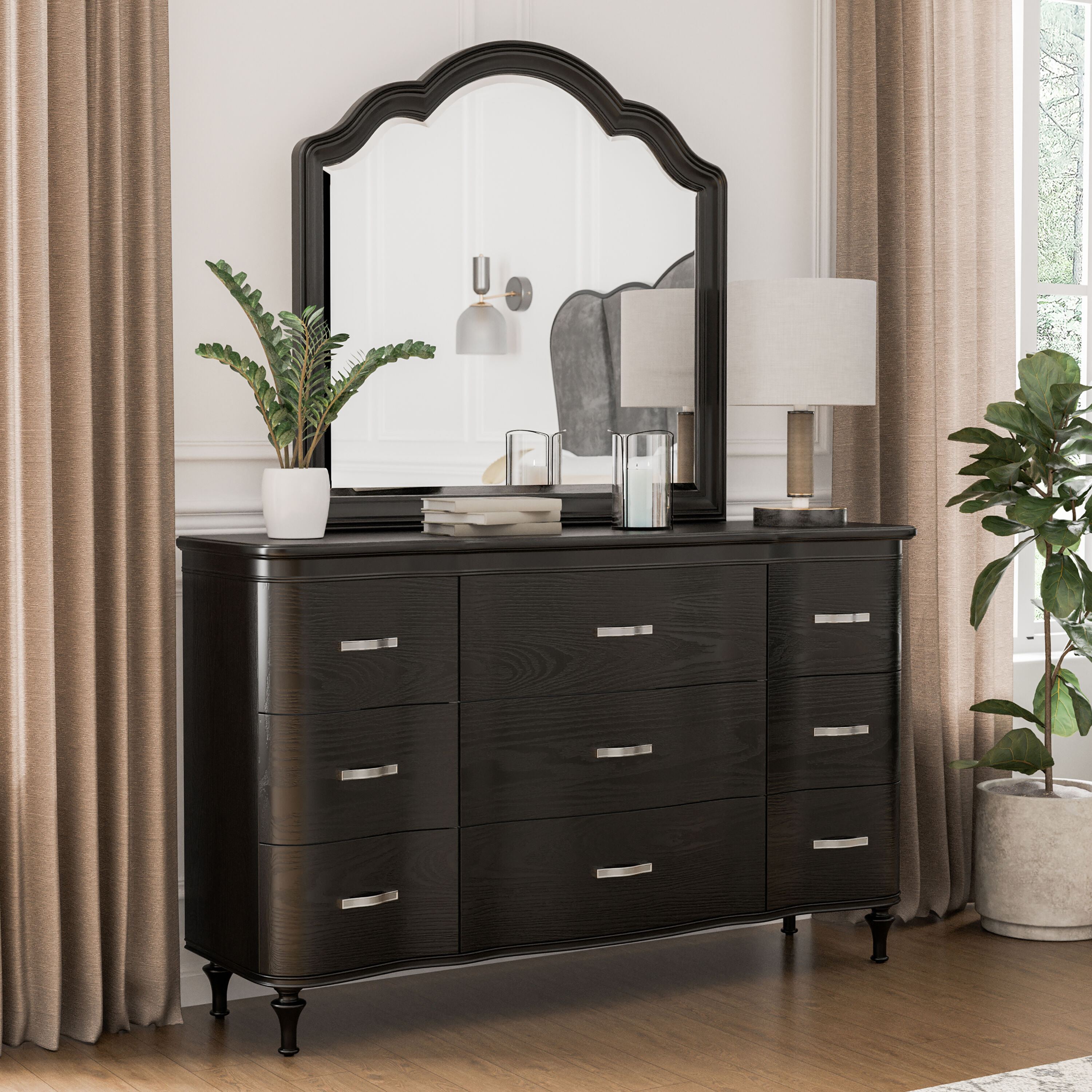 Furniture of America IDF-7416BK-DM Seabliss Black 9 -Drawer Standard dresser with Mirror