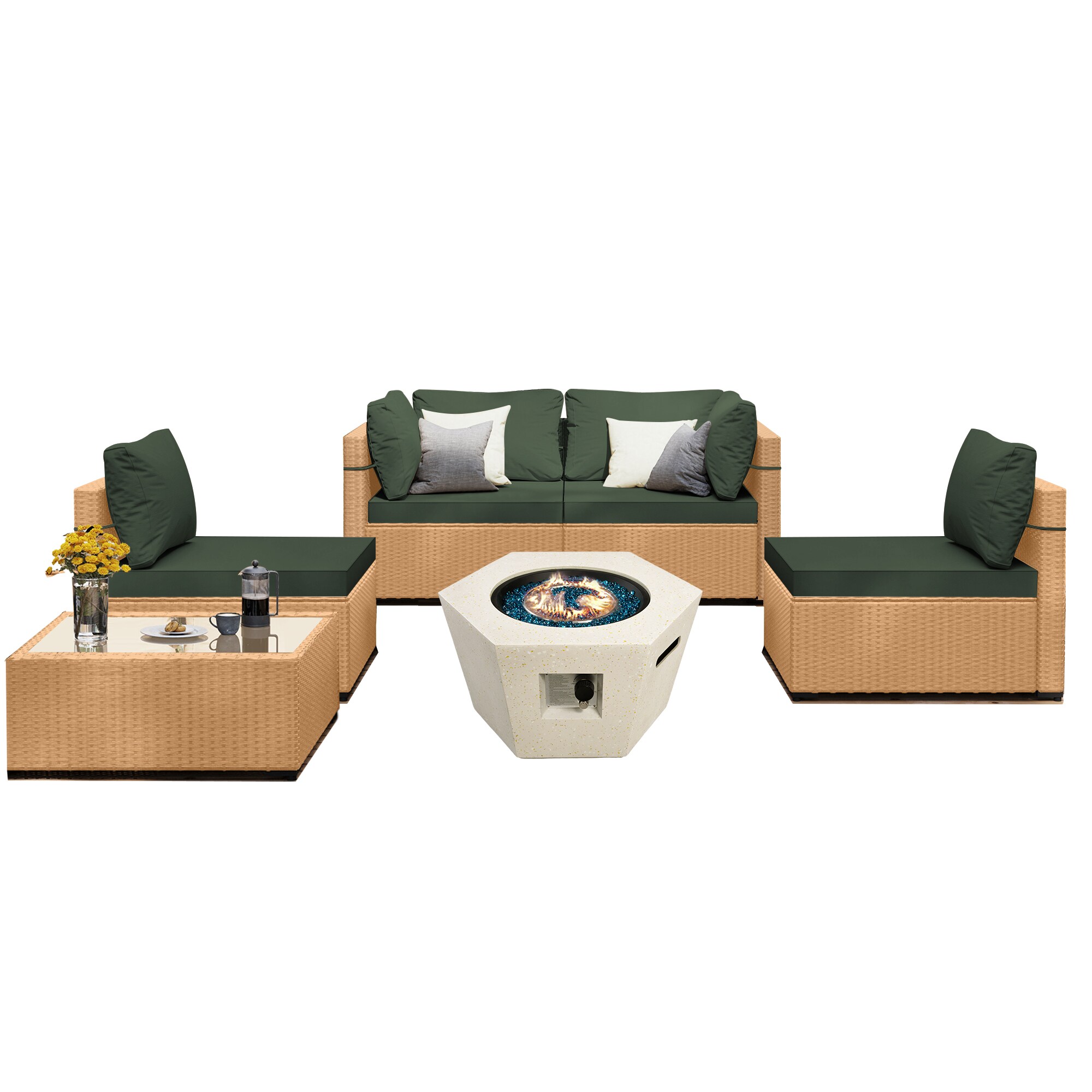 UPHA TBBE-AB28SMH-TUGREEN 6 -Piece Wicker Patio Conversation Set with Green Cushions