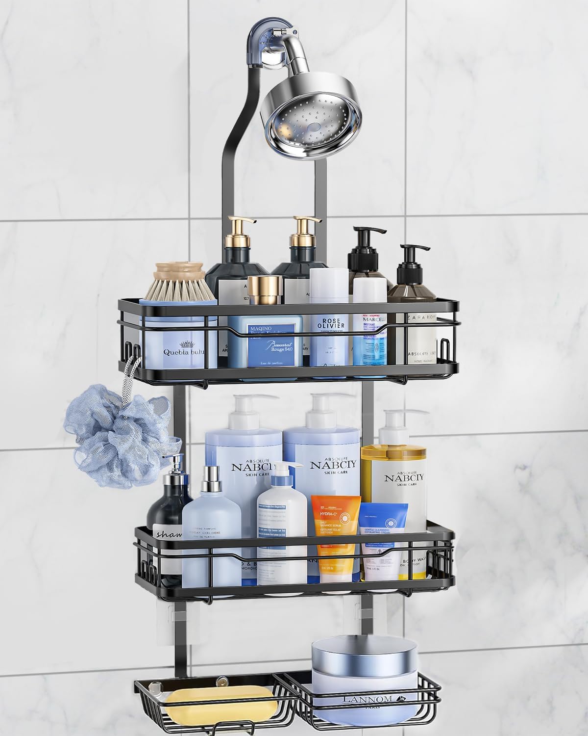 Kitstorack Over the Shower Head Caddy 2-Tier Stainless Steel Hanging Organizer with Soap and Scrub Holder 8 Side Hooks No Drill Rustproof Black
