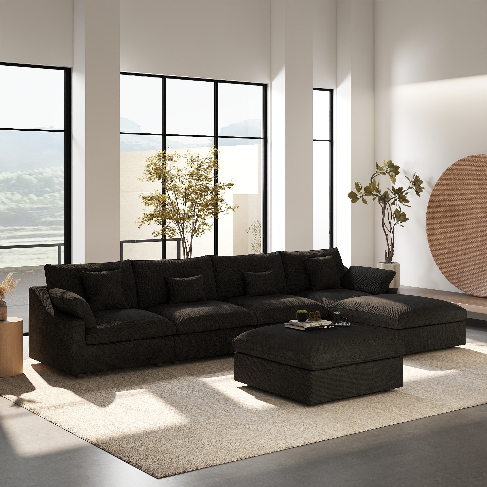 BuotiqHom DH-S4+2-140BK 156-in Modern Black Linen 6+ -seater Sectional