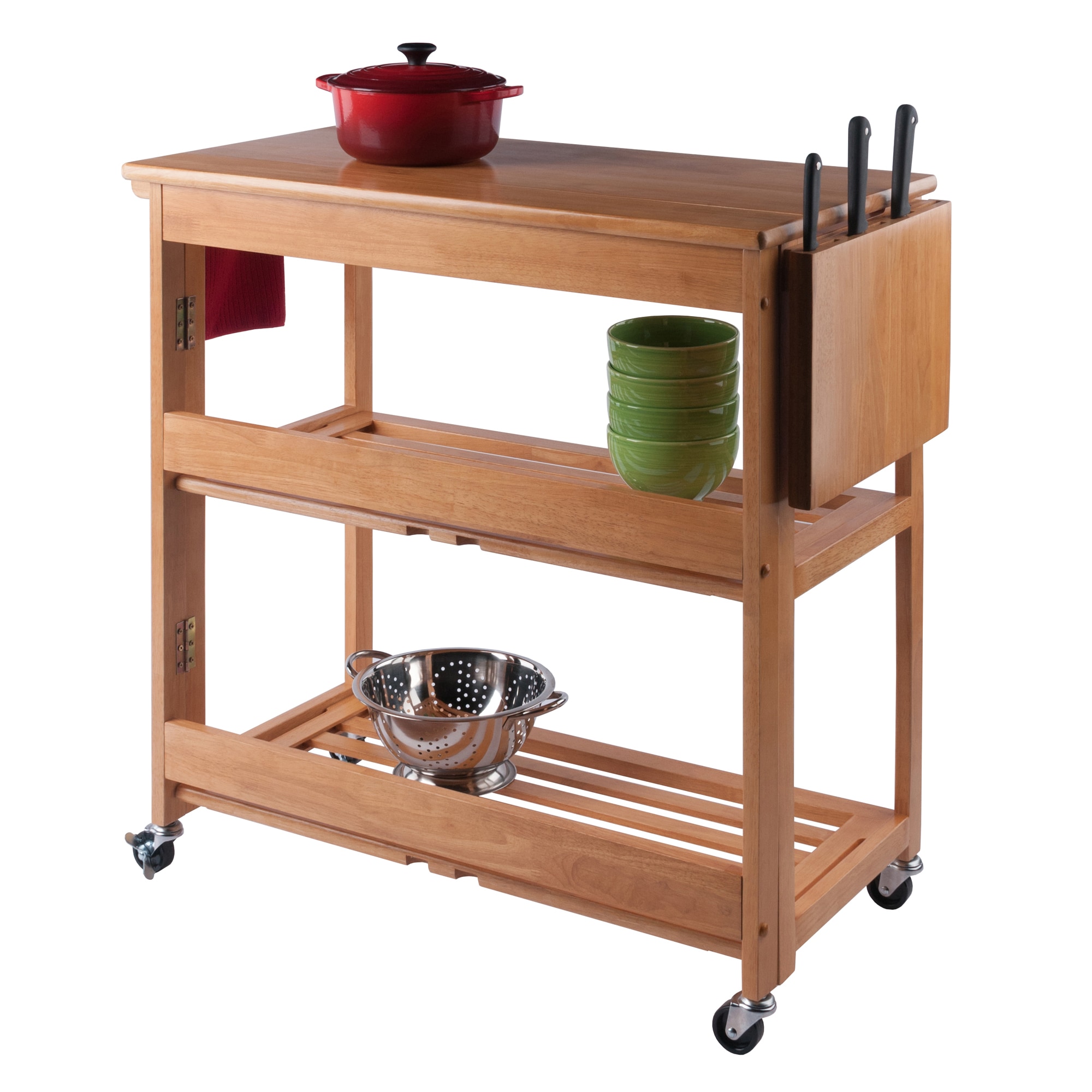 Light Oak Foldable Drop Leaf Kitchen Cart with Storage