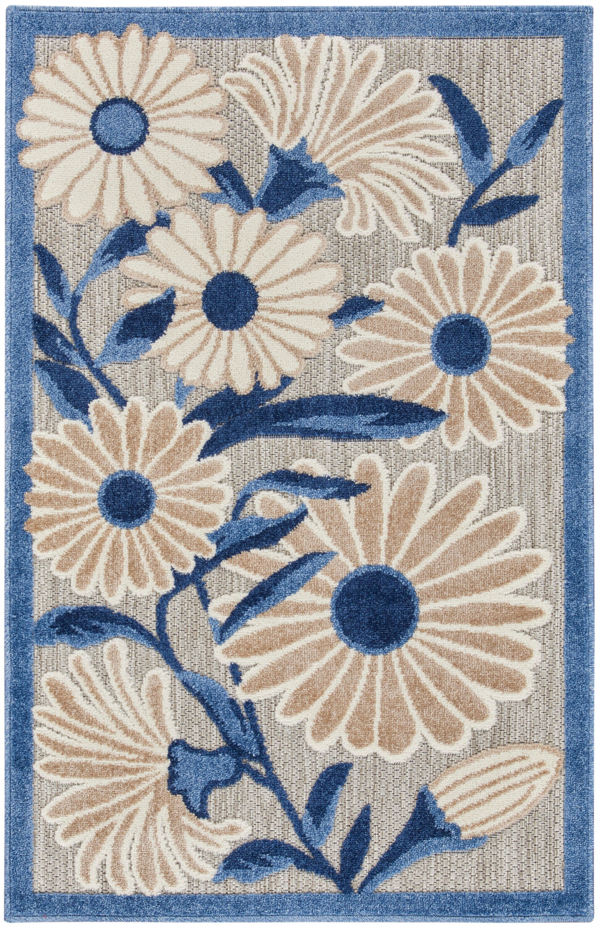 Aloha Daisy Flower Blue/Grey Floral Flatwoven Rug 2'8" x 4'