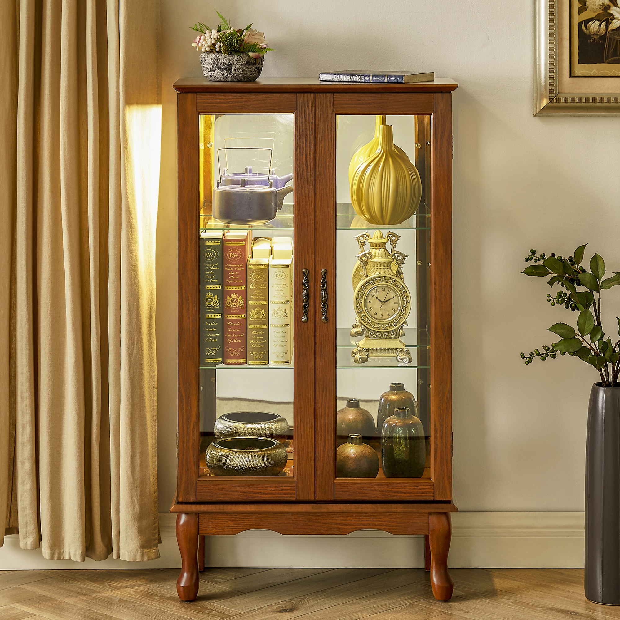 LOVMOR SF-H-W169391690 Corner Display Cabinet with Mirrored Panel Tempered Glass Shelves and Classic Style