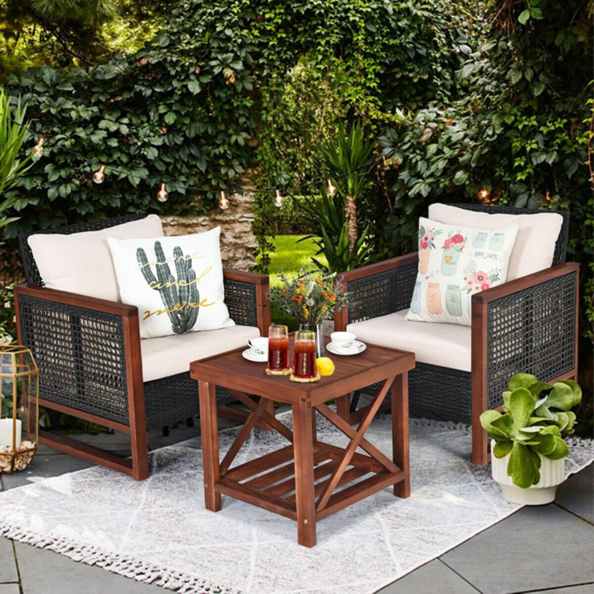 Mondawe MO-OD-1071G 3 -Piece Wicker Patio Conversation Set with Off-white Cushions