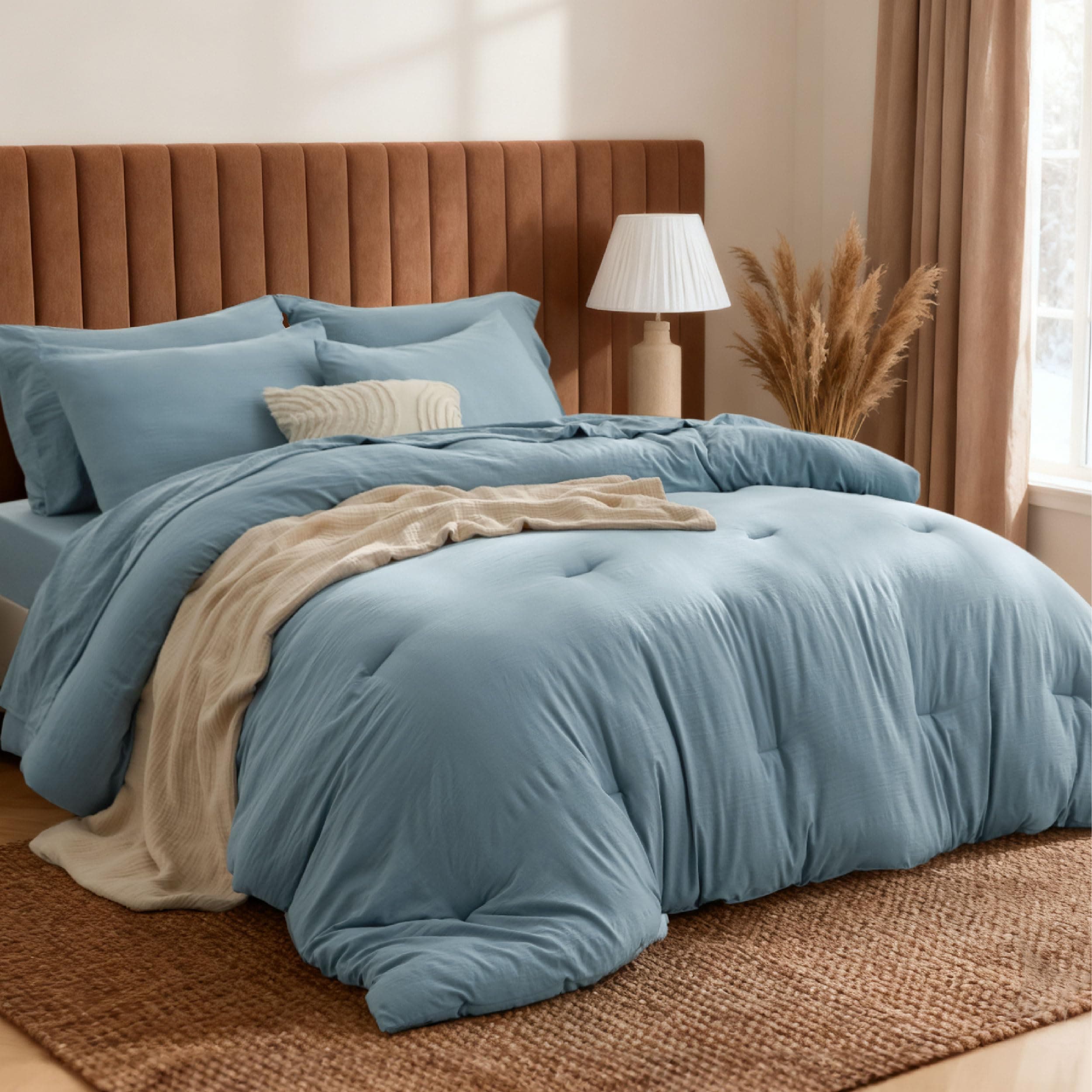 Bedsure 90x90 Queen 7-Piece Blue Cotton Bed in a Bag