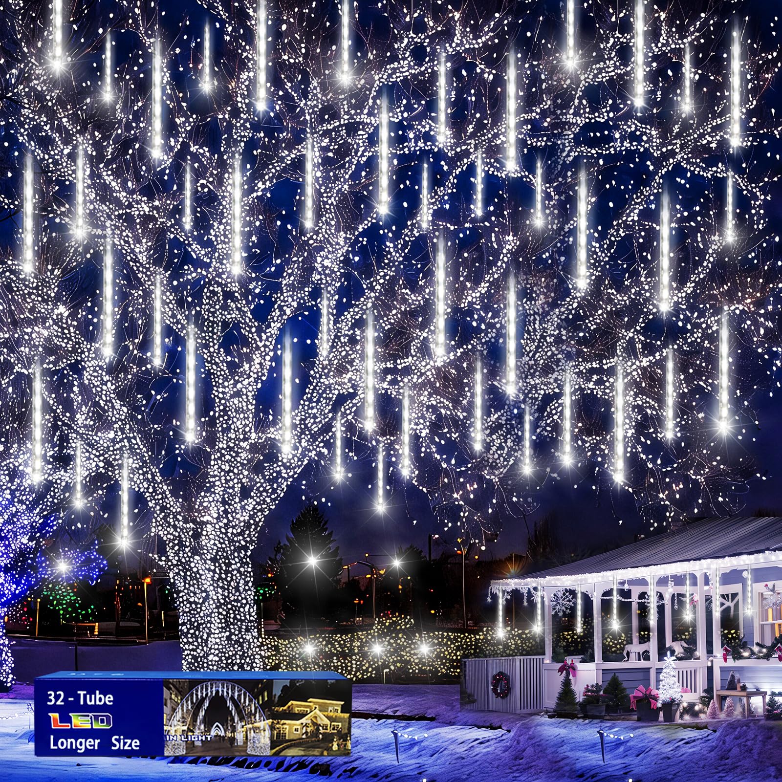 LILILIAN FMY  Meteor Shower Rain Lights 32 Tubes White Falling Rain Lights for Christmas Outdoor Decoration Halloween Yard Wedding Party with UL