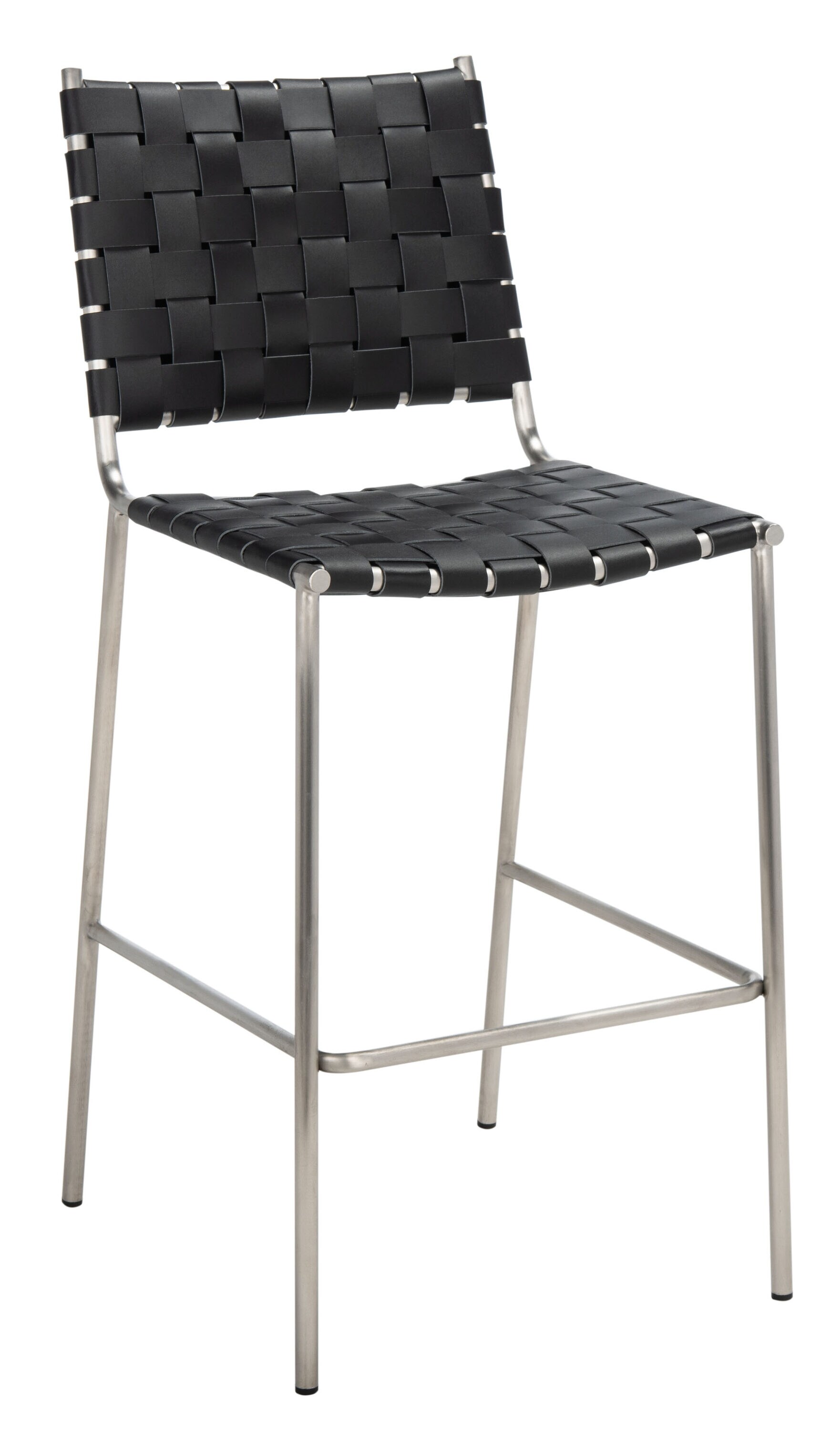 Saddle Style Black Leather Counter Stool with Silver Metal Base