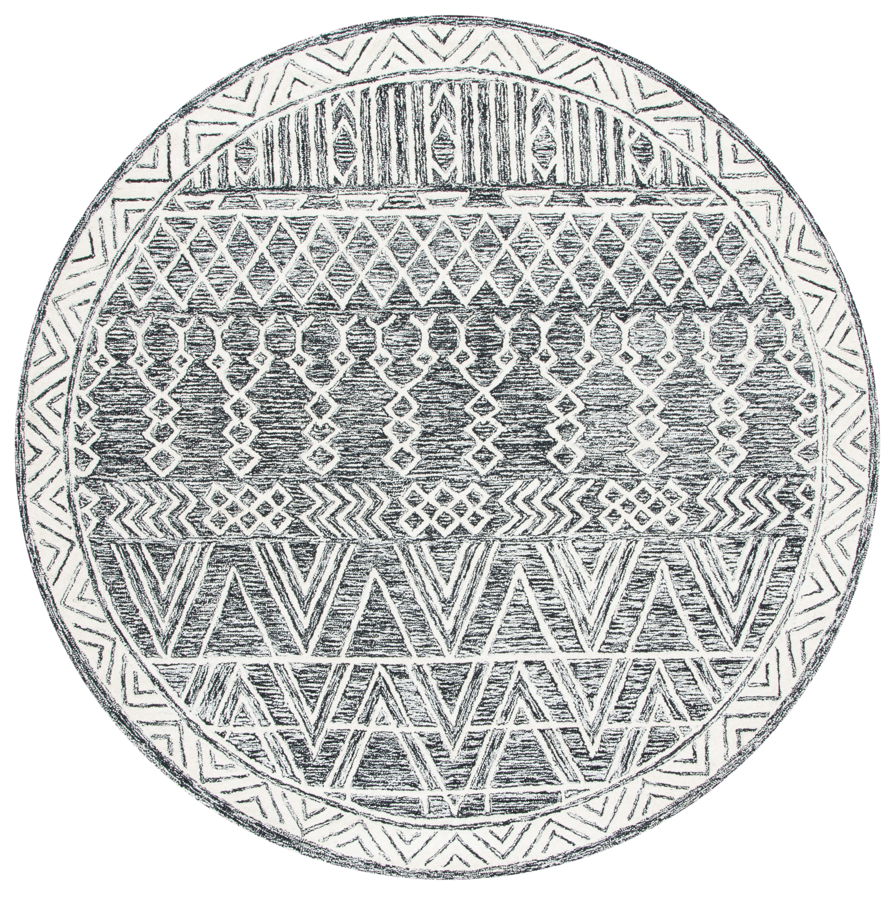 Handmade Abstract Black and Ivory Wool Round Rug 6'