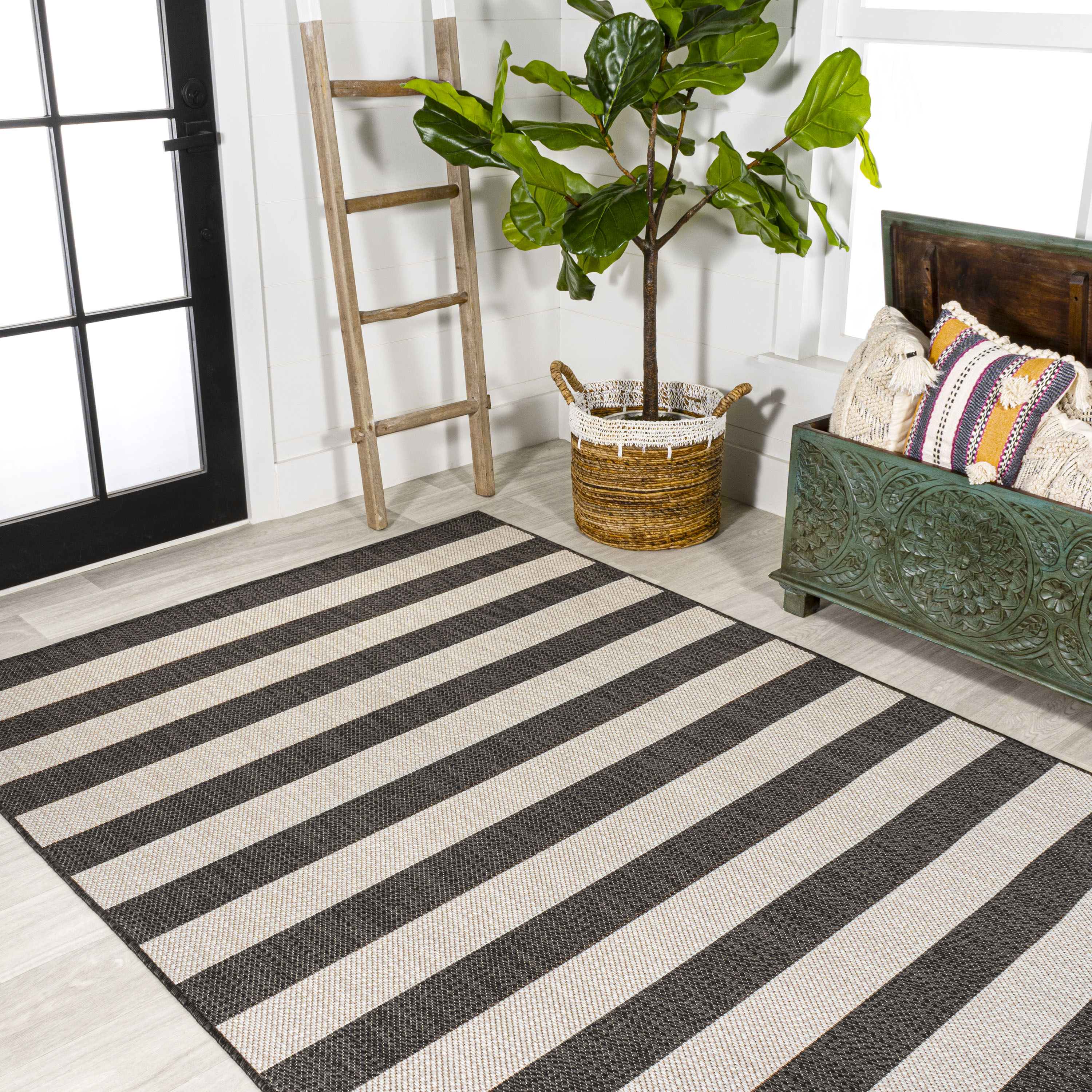 Negril Black and Beige Striped Indoor/Outdoor Area Rug