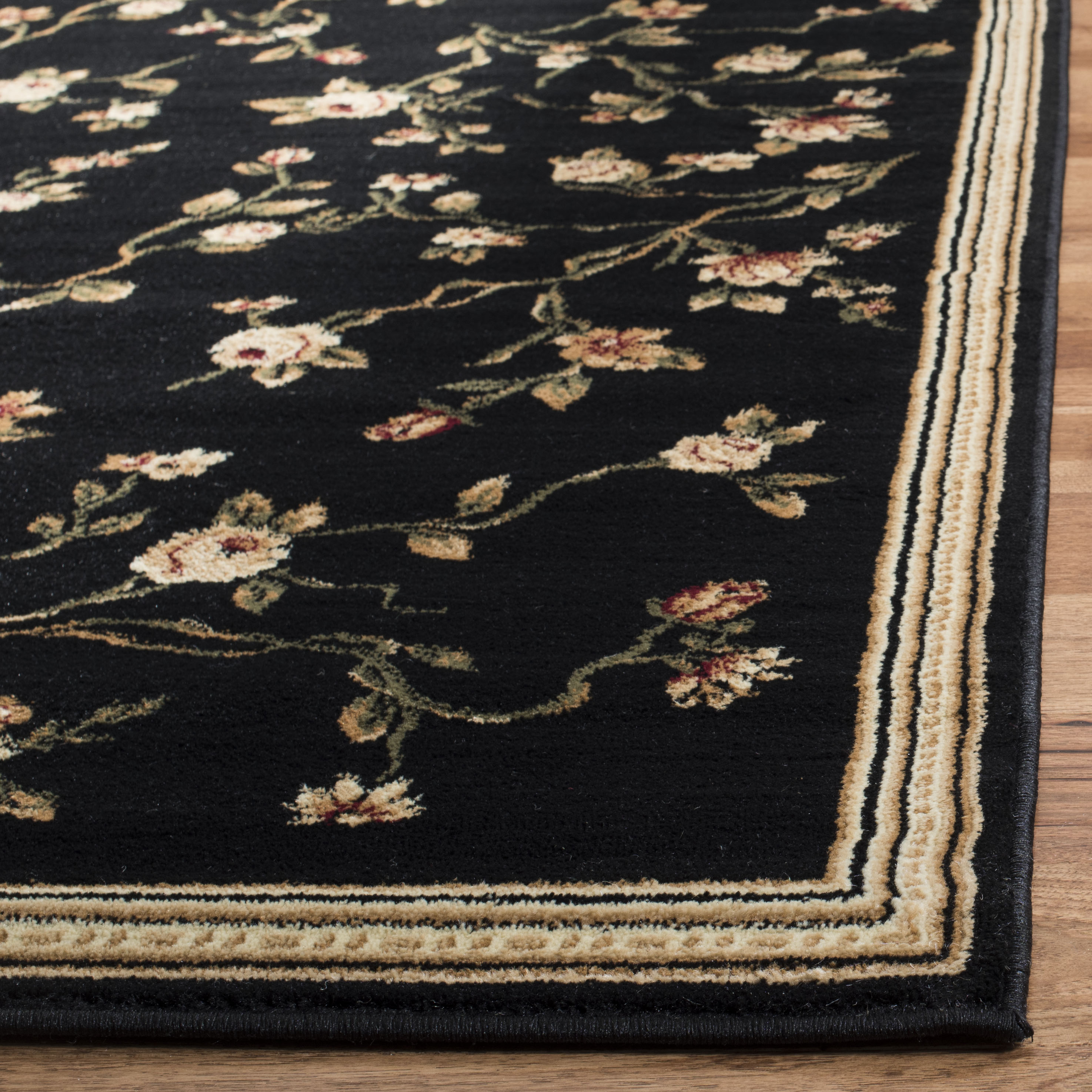 Black Floral Synthetic Low Pile Runner Rug
