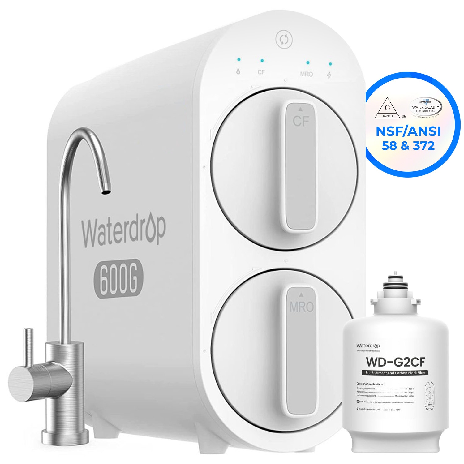 Waterdrop B-WD-G2P6-CFSET G2P600 RO system produces 600 gallons of filtered water per day Certified by NSF/ANSI 372 for lead-free materials Filling a 200ml cup in 8 seconds This package includes an extra WD-G2CF Replacement filter