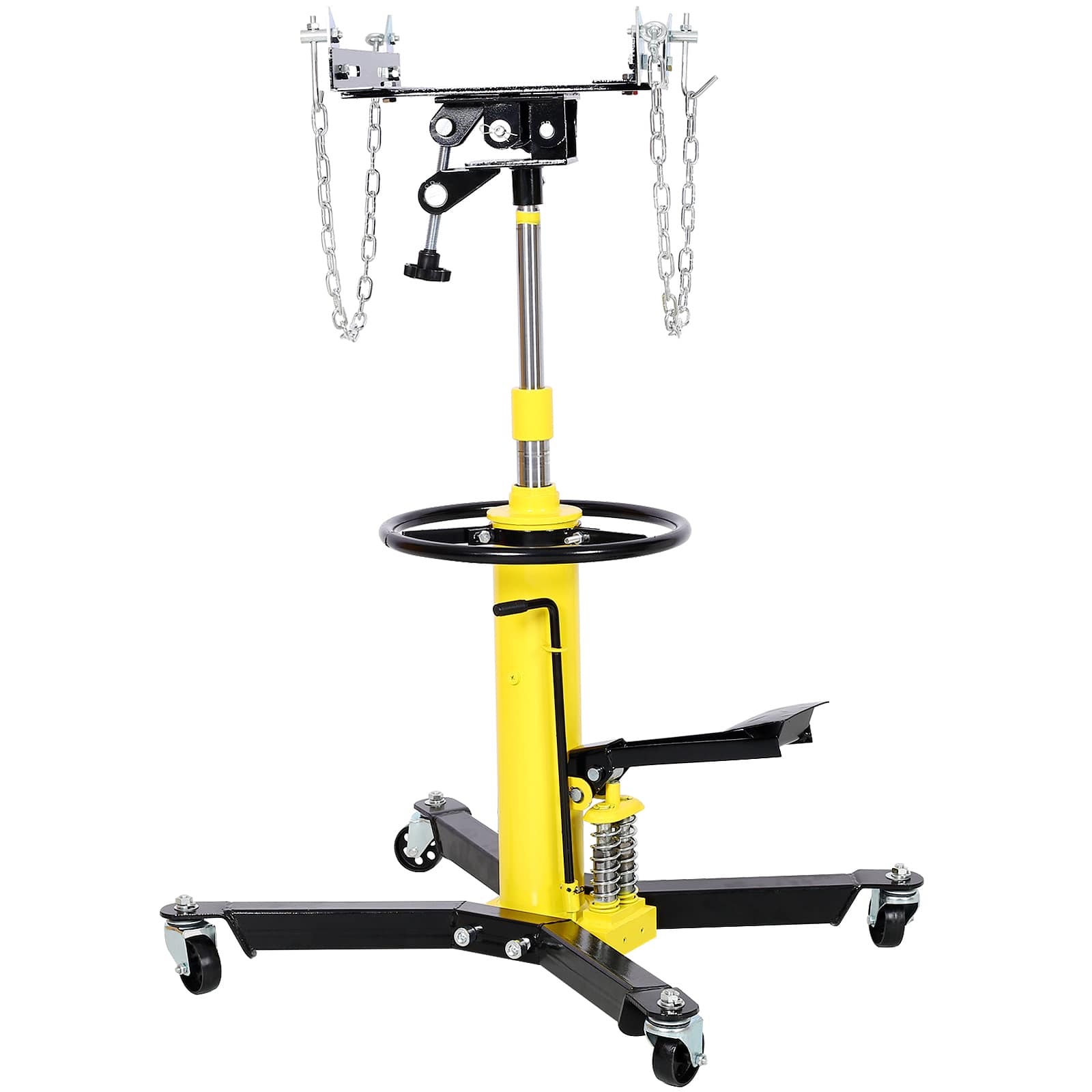 Qeetex GGL-PAU-0KM8S11L Transmission Jack 1660lbs 3/4-Ton 2 Stage Hydraulic High Lift Vertical Telescoping 32in to 70in Lifting Ran-ge with 360in Swivel Wheels 30in Long Safety Chain Yellow