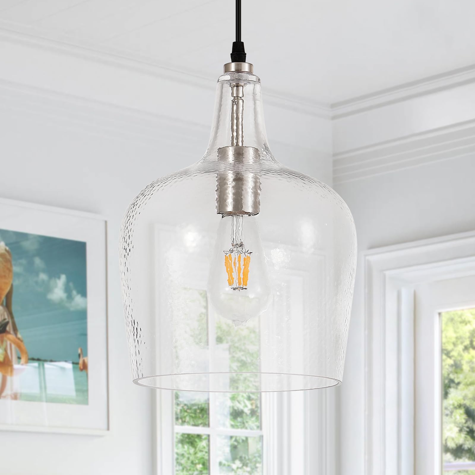 Lukvuzo  Large Hammered Glass Pendant Light Modern Brushed Nickel Single Dome Pendant Lighting Fixture for Kitchen Island Dining Room Hallway