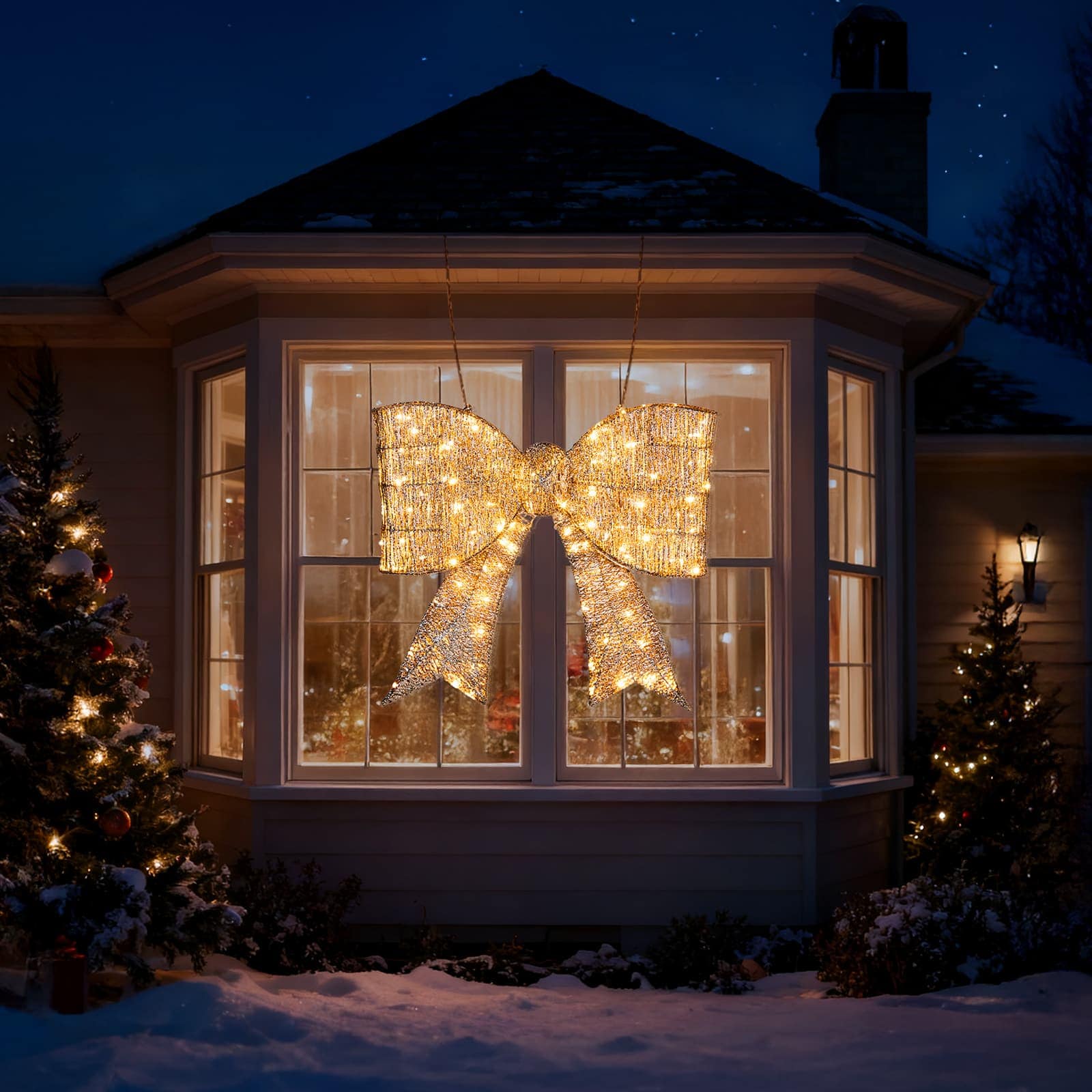 Yescom  Giant Pre-lit Christmas Bow Decoration with 124 Warm White LED Lights Metal Frame for Front Door Gate Wall Indoor Outdoor Holiday Party Golden