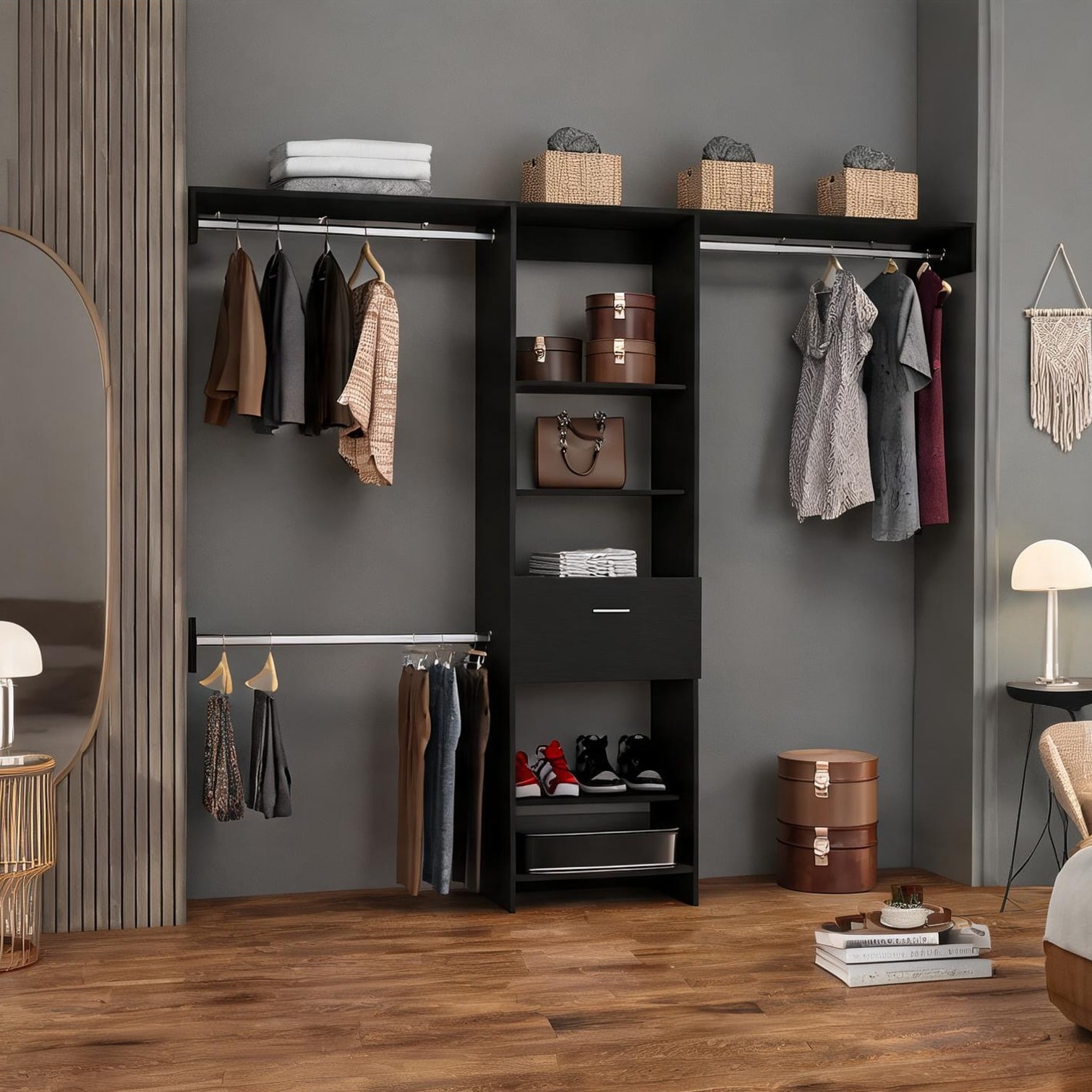 Watnature Bedroom Combo Closet Storage System With Multi-Compartment Design Black-Toned Engineered Wood