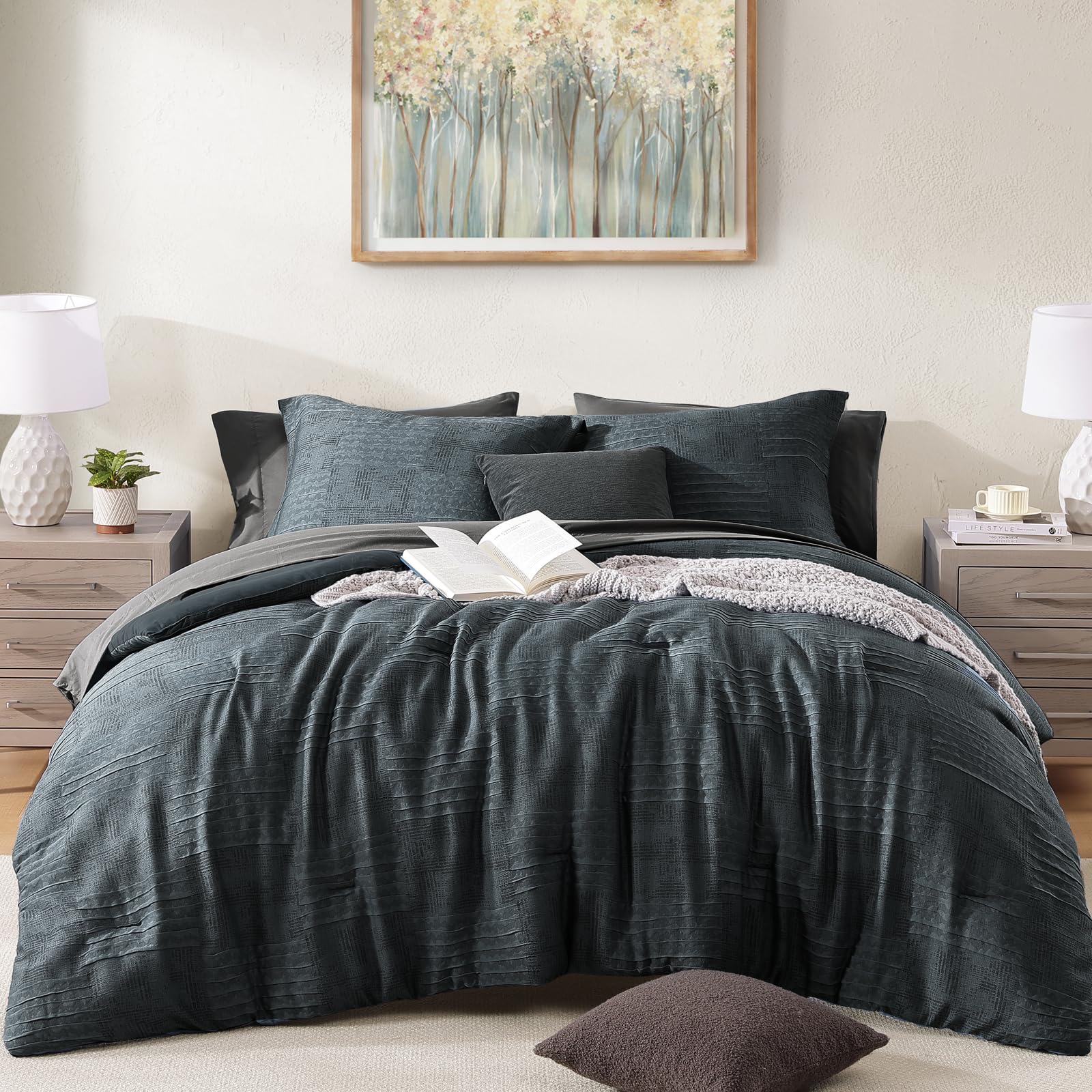 OMOMMD Blue Grey Queen 7 Piece Crinkle Textured Bed In A Bag Set Soft Polyester All Season Bedding #5749848218615
