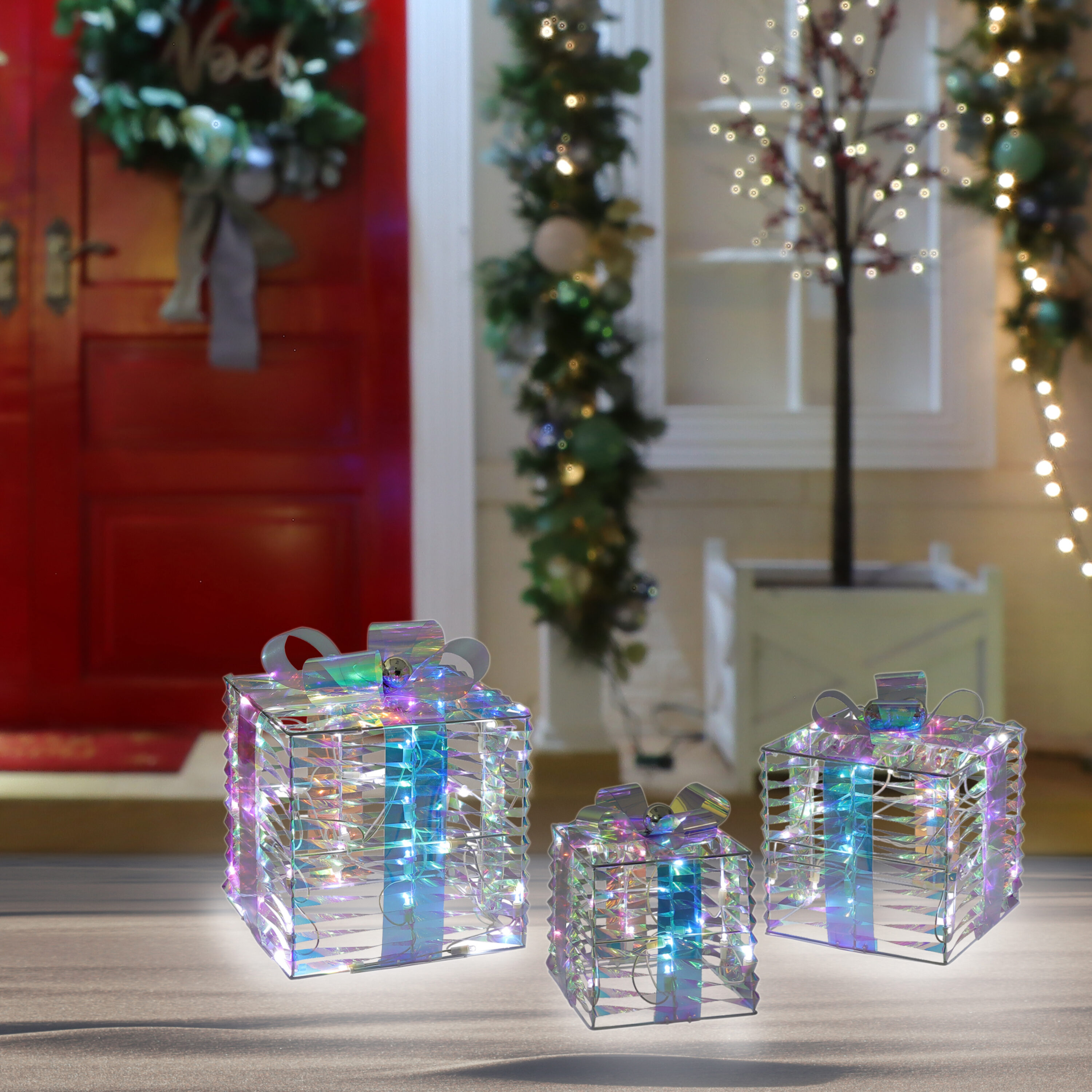 Set of 3 Christmas Lighted Gift Boxes 100 LED Transparent Lighted