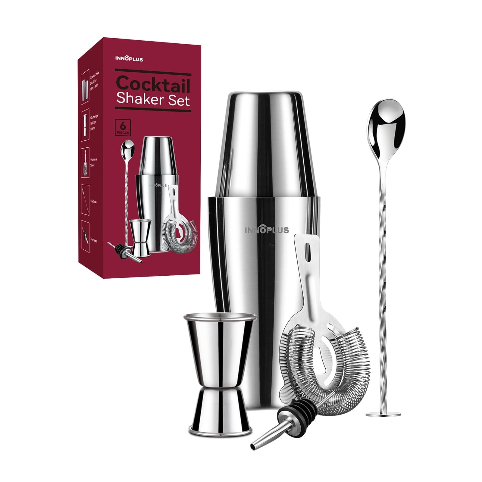Aoibox  6 Piece Stainless Steel Cocktail Shaker Set with 27oz and 20oz Boston Shakers Double Measuring Jigger