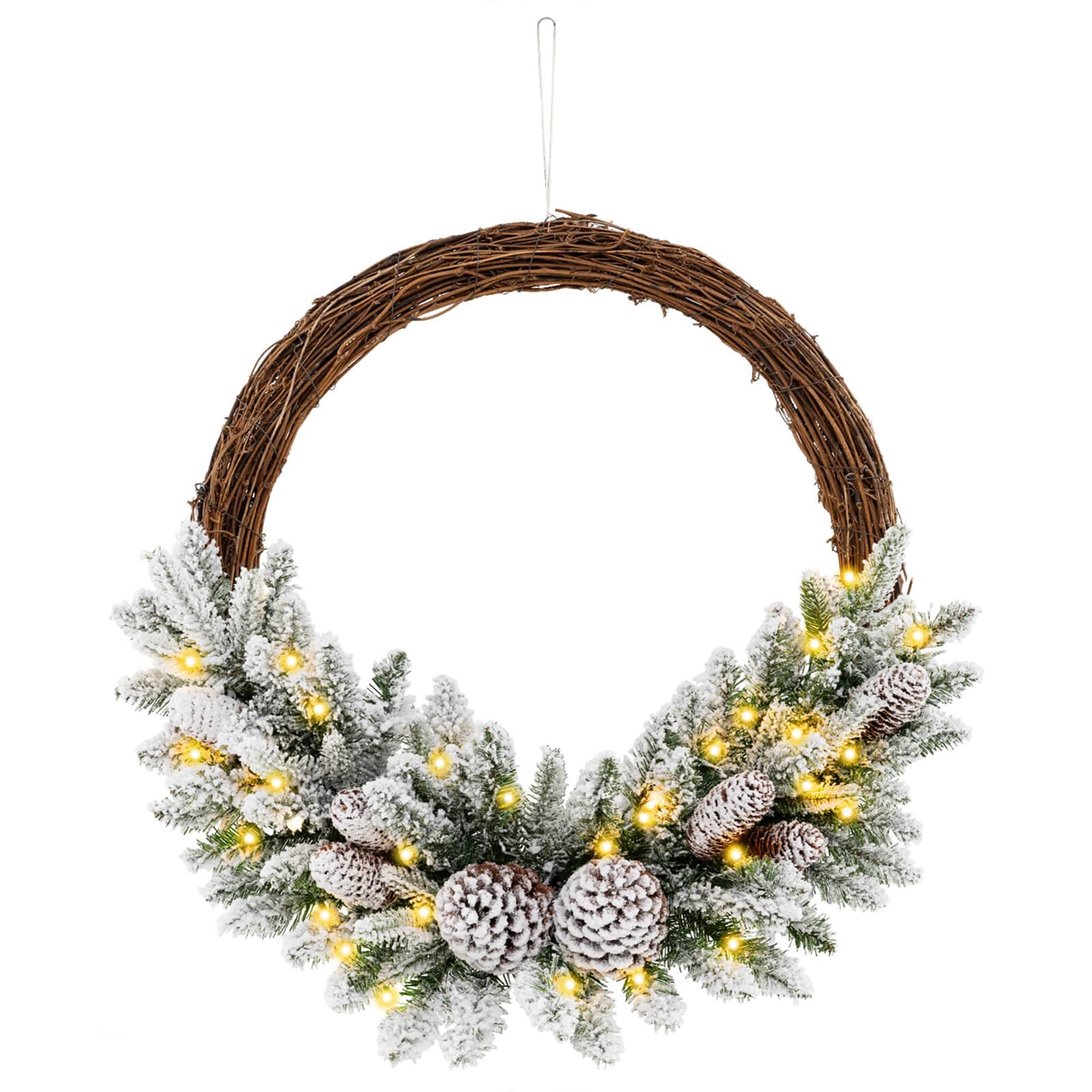 Costway HCST04107 1 PCS 24 Inch Christmas Wreath with 65 Branch Tips 8 Natural Pine Cones 6 Lighting Modes