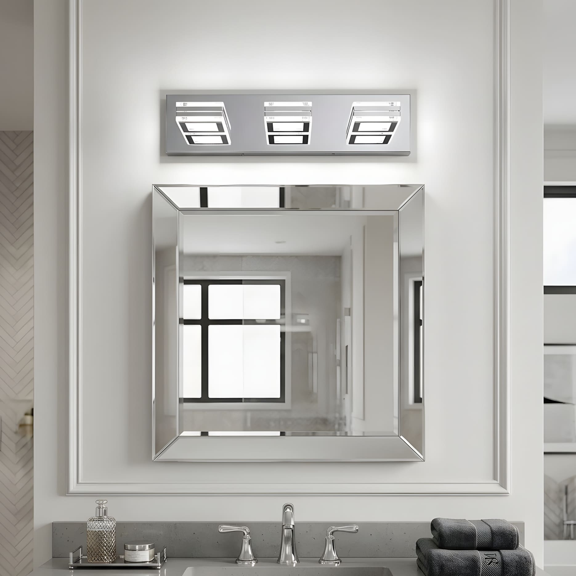 RCCFBHM 20-in 3-Light Chrome Modern Integrated LED Bathroom Vanity Light with Square Acrylic Shades
