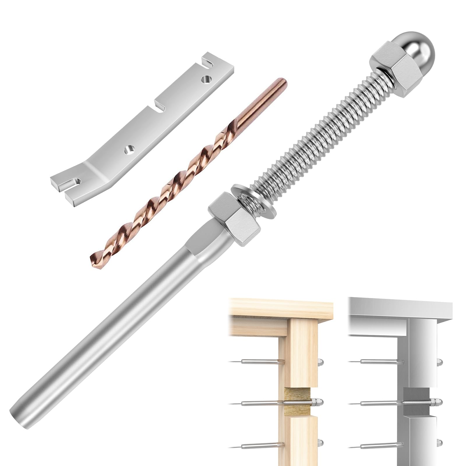 Afoxsos  60 pack cable railing kit hand swage threaded stud tensioner for one eighth inch cable fits two by two wood or metal post deck stair