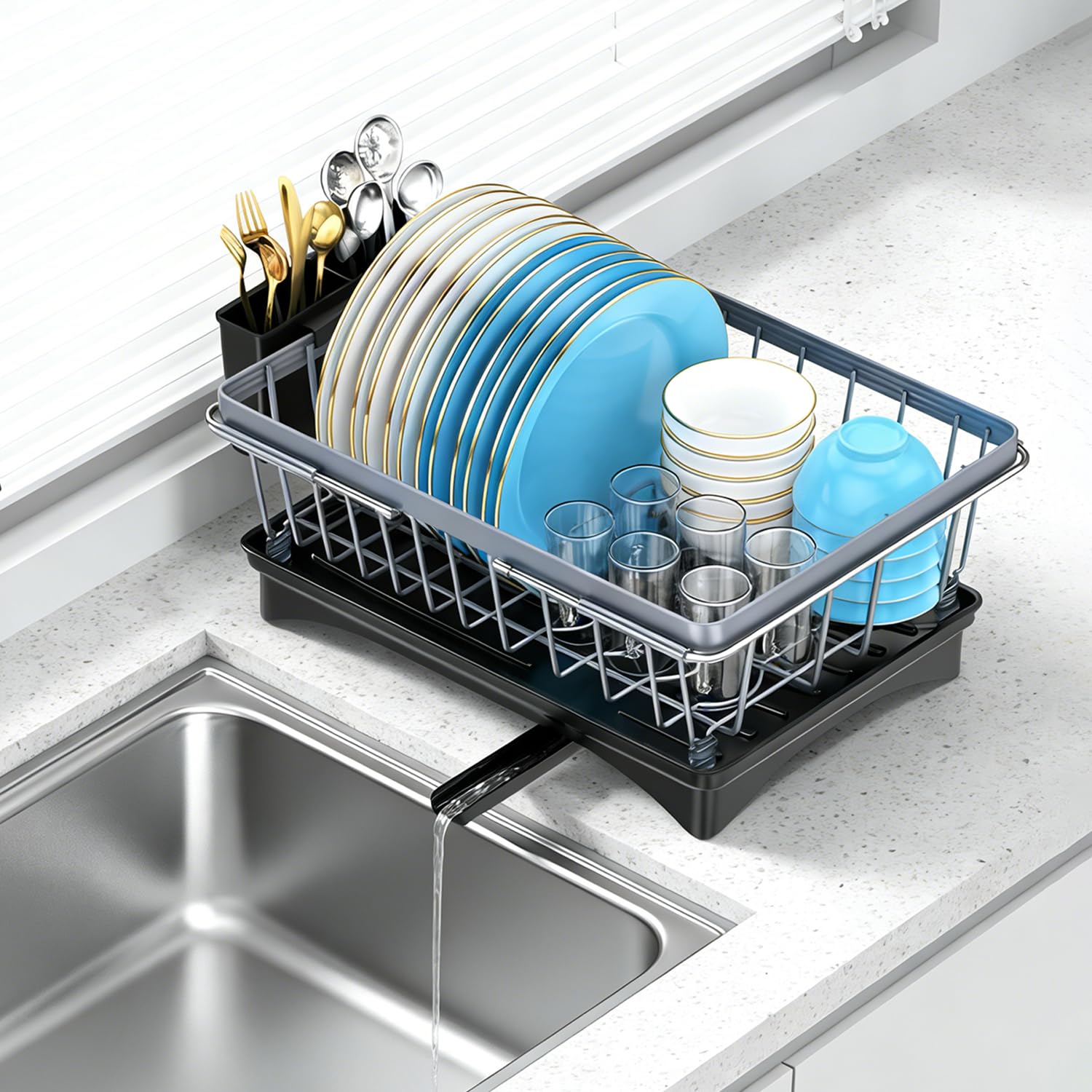 UUDULY  Roll Up Dish Drying Rack 17 x 13 Inch Over The Sink Dish Drainer Foldable Silicone Wrapped Kitchen Counter Organizer Heat Resistant