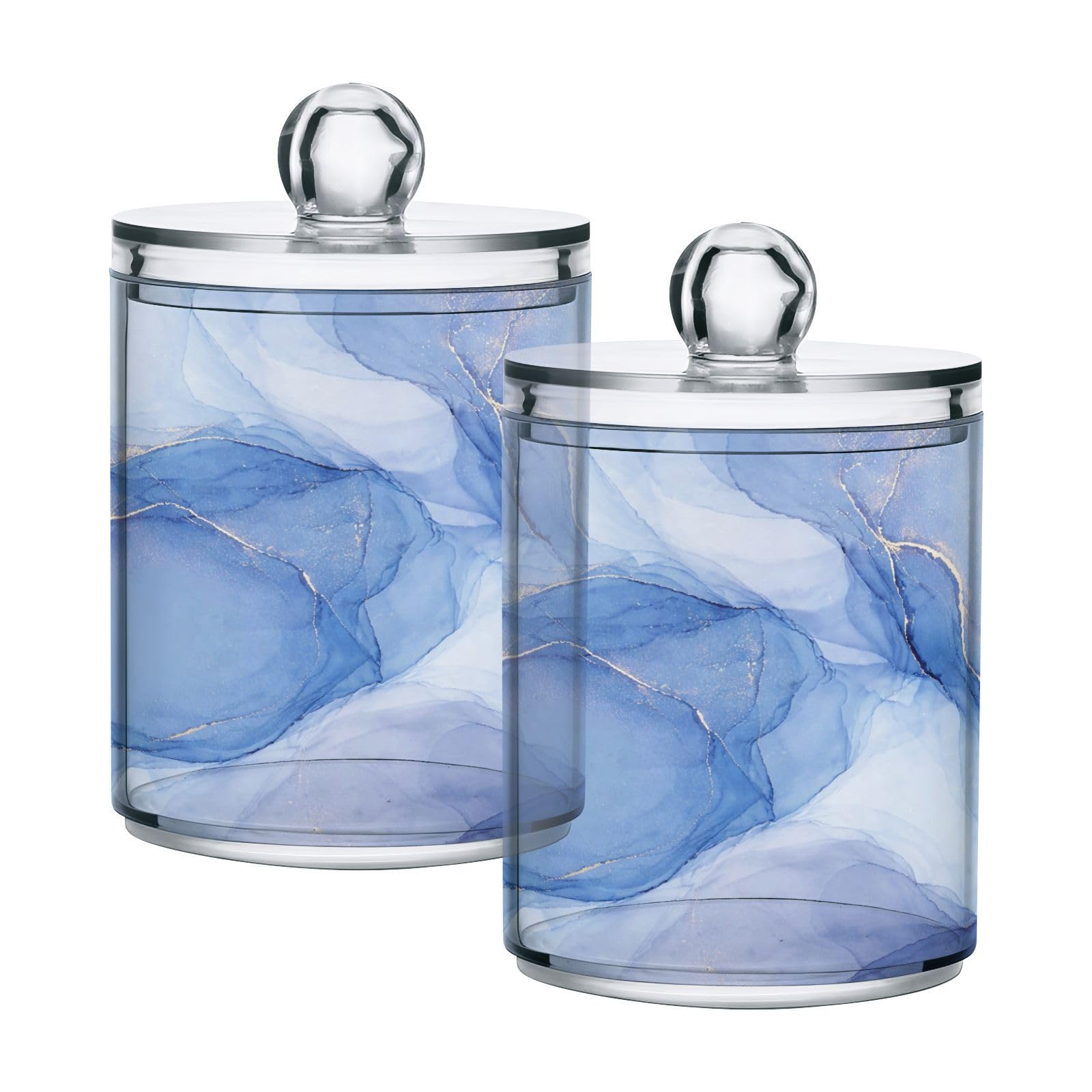 Aoibox  2 Pack 10 oz Blue Marble Ink Acrylic Storage Canisters with Lids for Cotton Swabs Balls Bathroom Vanity