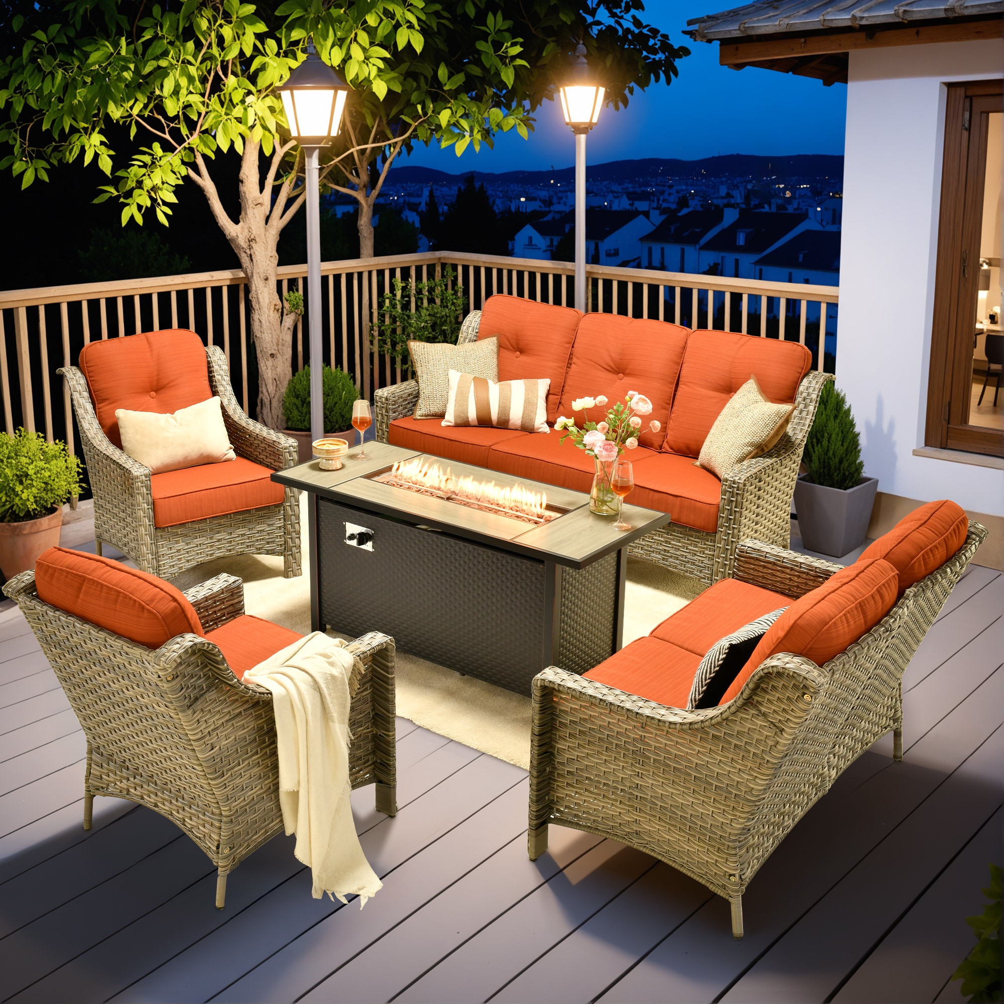 Pouuin SDFPPAD804 5 -Piece Wicker Patio Sofa Conversation Set with Orange Cushions