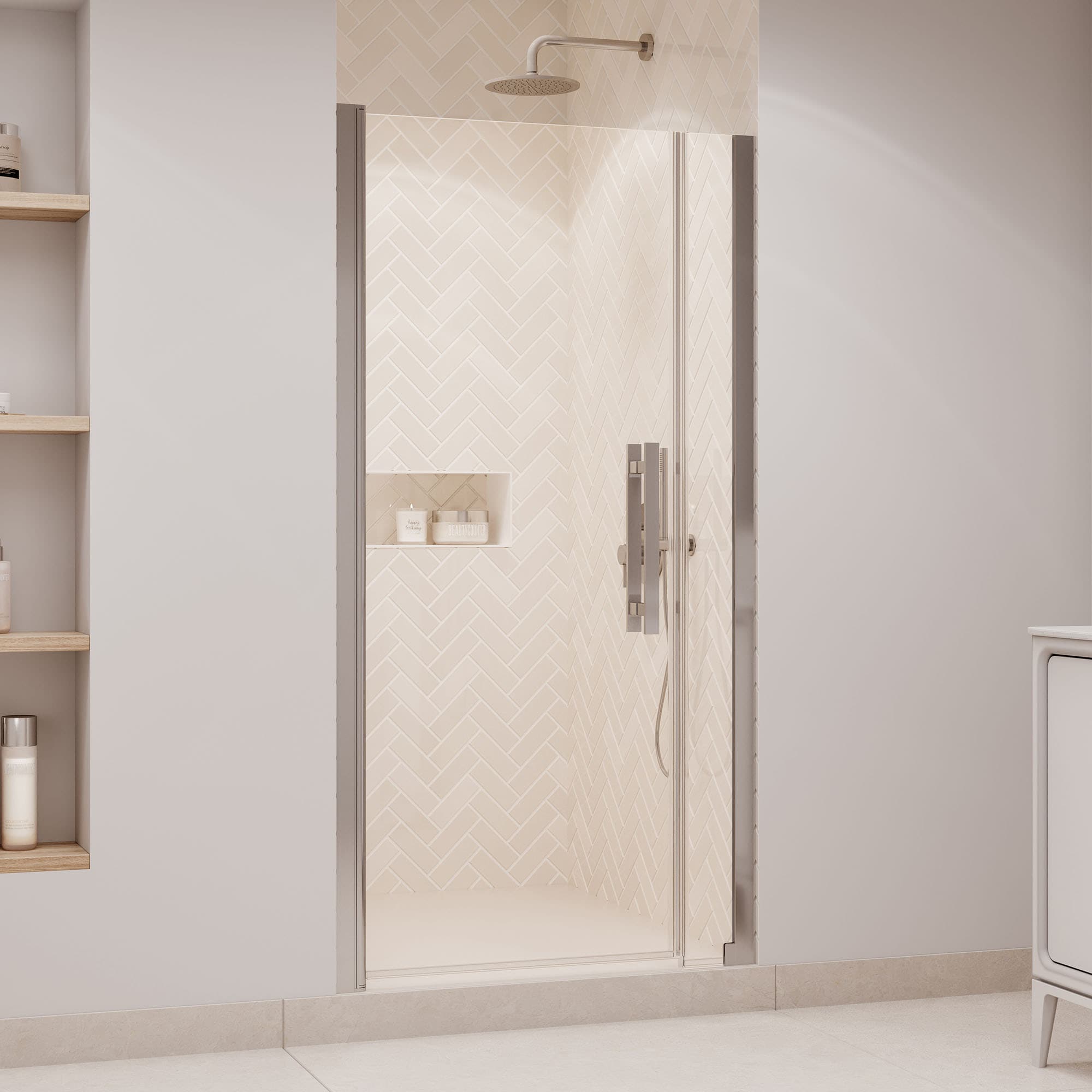 OVE Decors 15SGP-PASA39-SAT Pasadena Satin Nickel 37-3/8-in to 39-3/8-in W x 72.01-in H Frameless Clear Glass Pivot Shower door