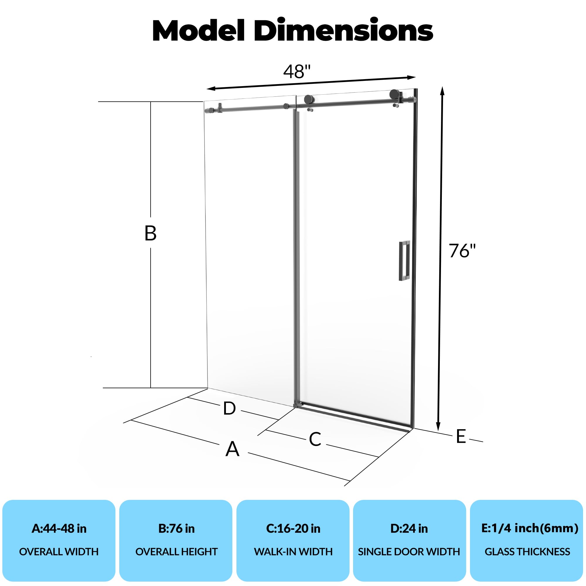 IdealHouse - Shower Glass Door 44-48 x 76 inch Frameless Sliding Shower Door with Round Stainless...