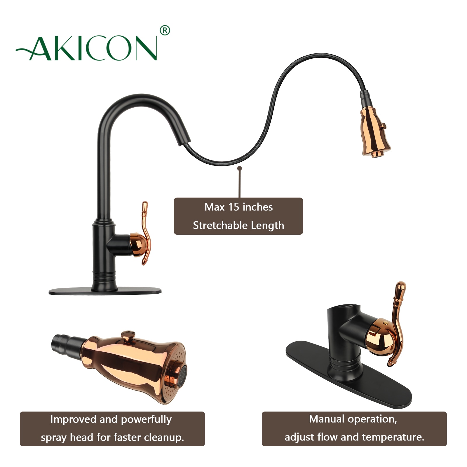 Akicon Matte Black with Rose Gold Single Handle Pull-down 