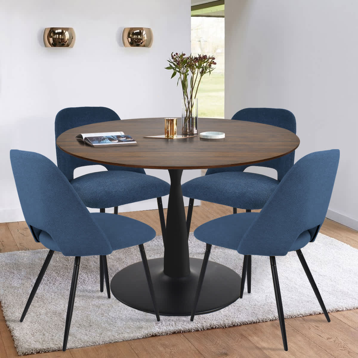 Maison Boucle HAROLD+EDWIN-BLUE4 5 Piece Walnut Round Pedestal Dining Table Set with 4 Blue Upholstered Chairs for Small Spaces