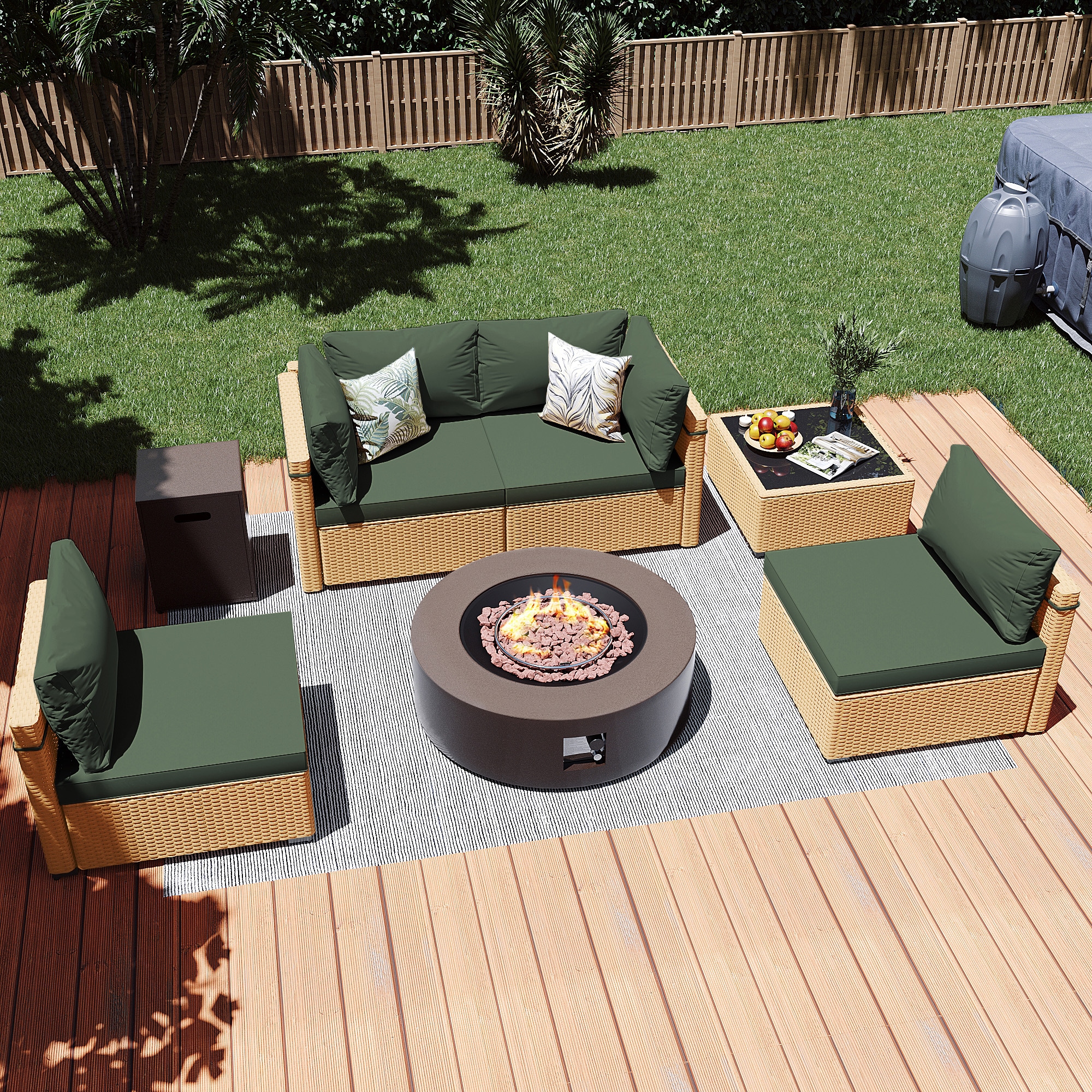 Patio Watcher LS-RT5-KD42BR-Y2 6 -Piece Rattan Patio Conversation Set with Green Cushions