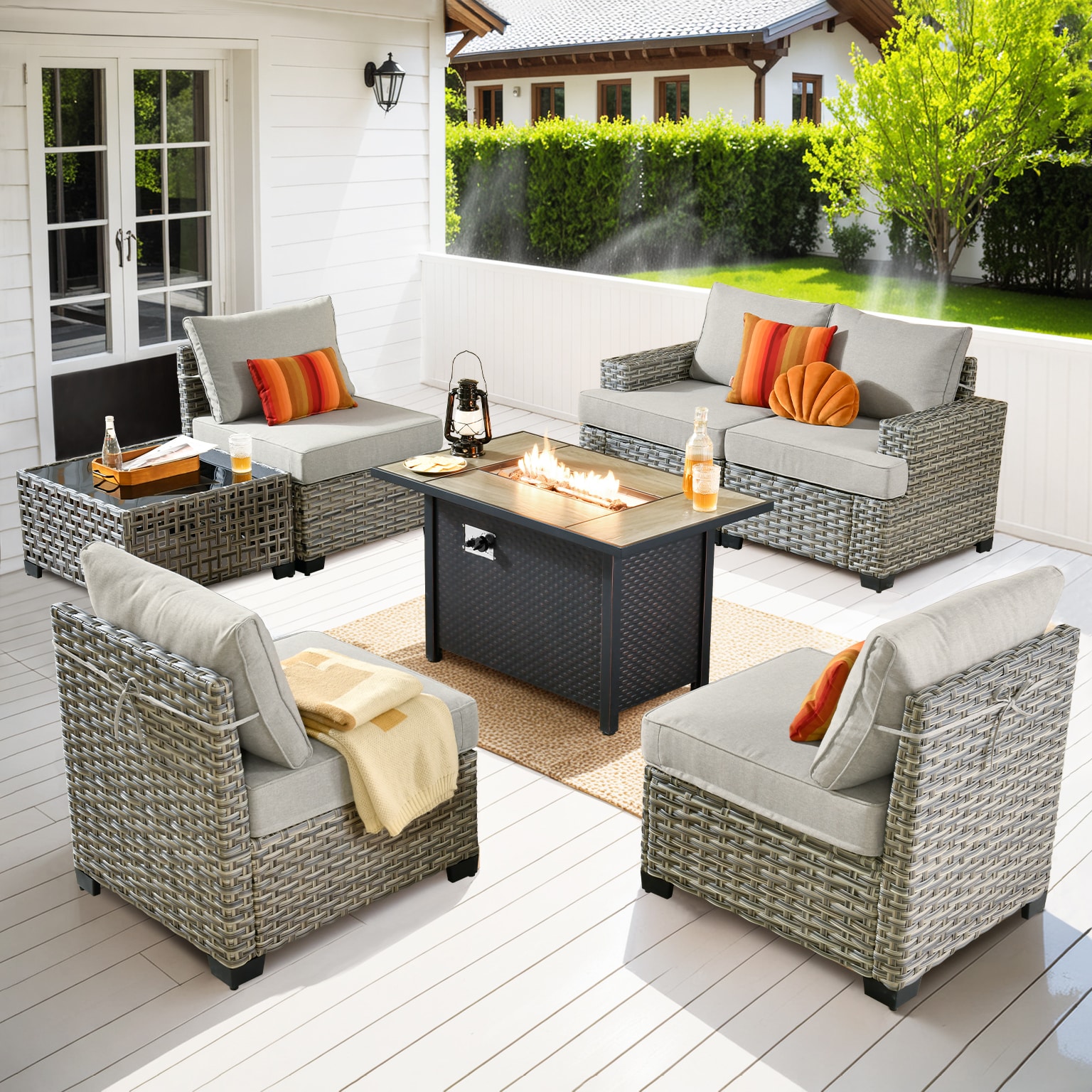 Pouuin SDFPTBS406 Wicker Outdoor Sectional with Gray Cushions and Wicker Frame