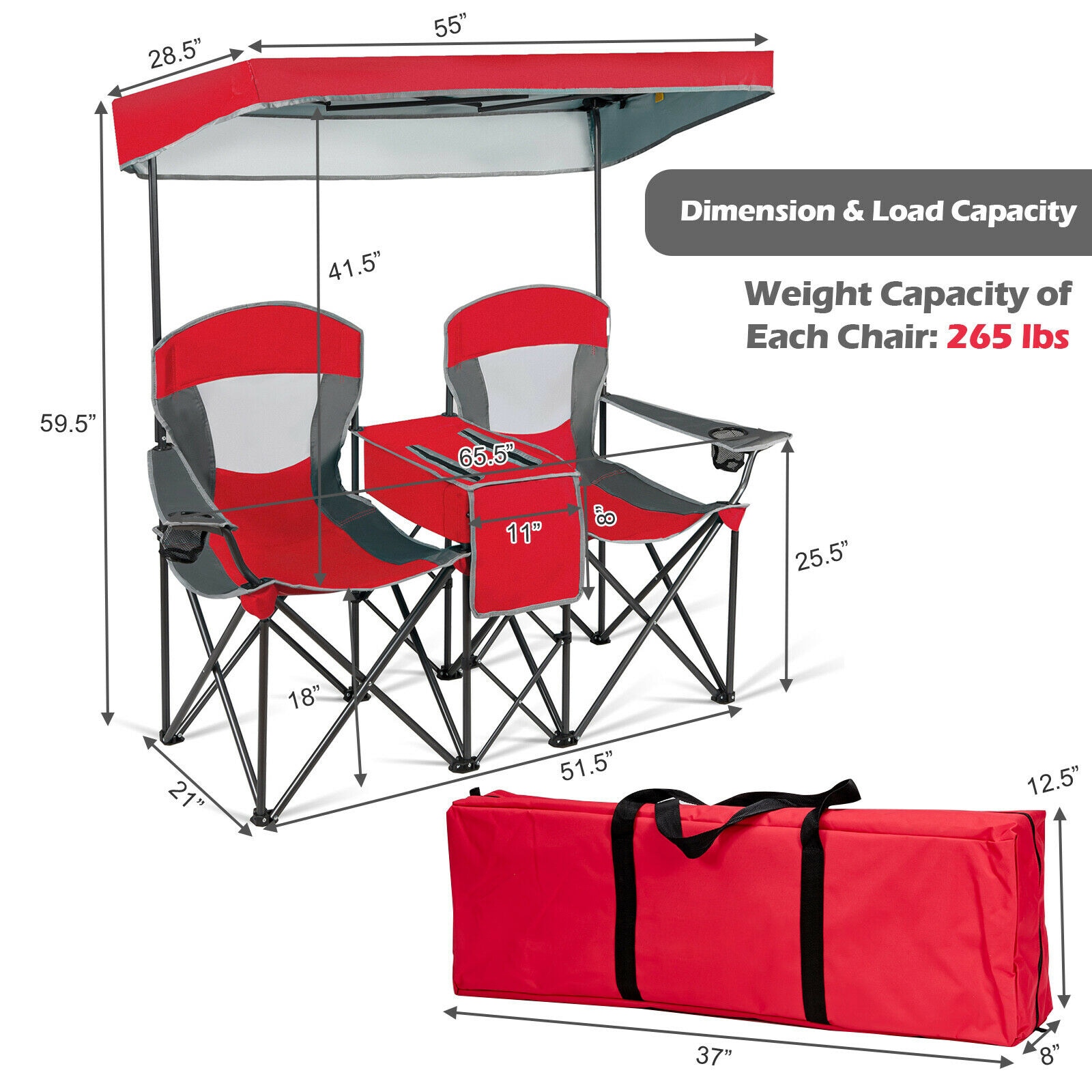 Red Double Folding Camping Chair with Canopy and Cooler